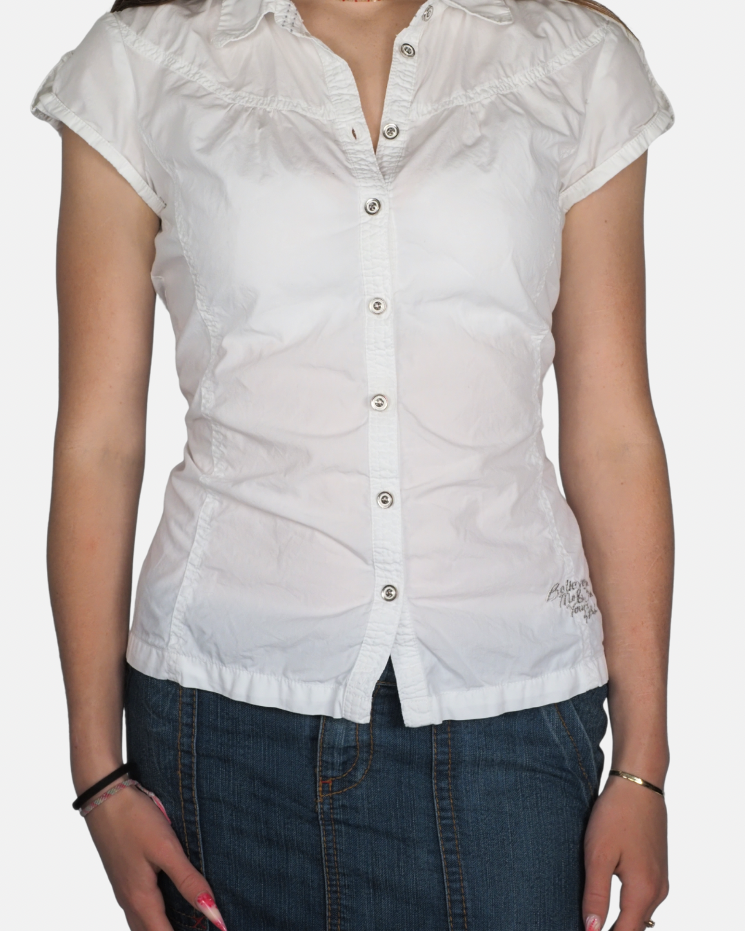 White Cap Sleeve Fitted Button-Up Top by Special Garment