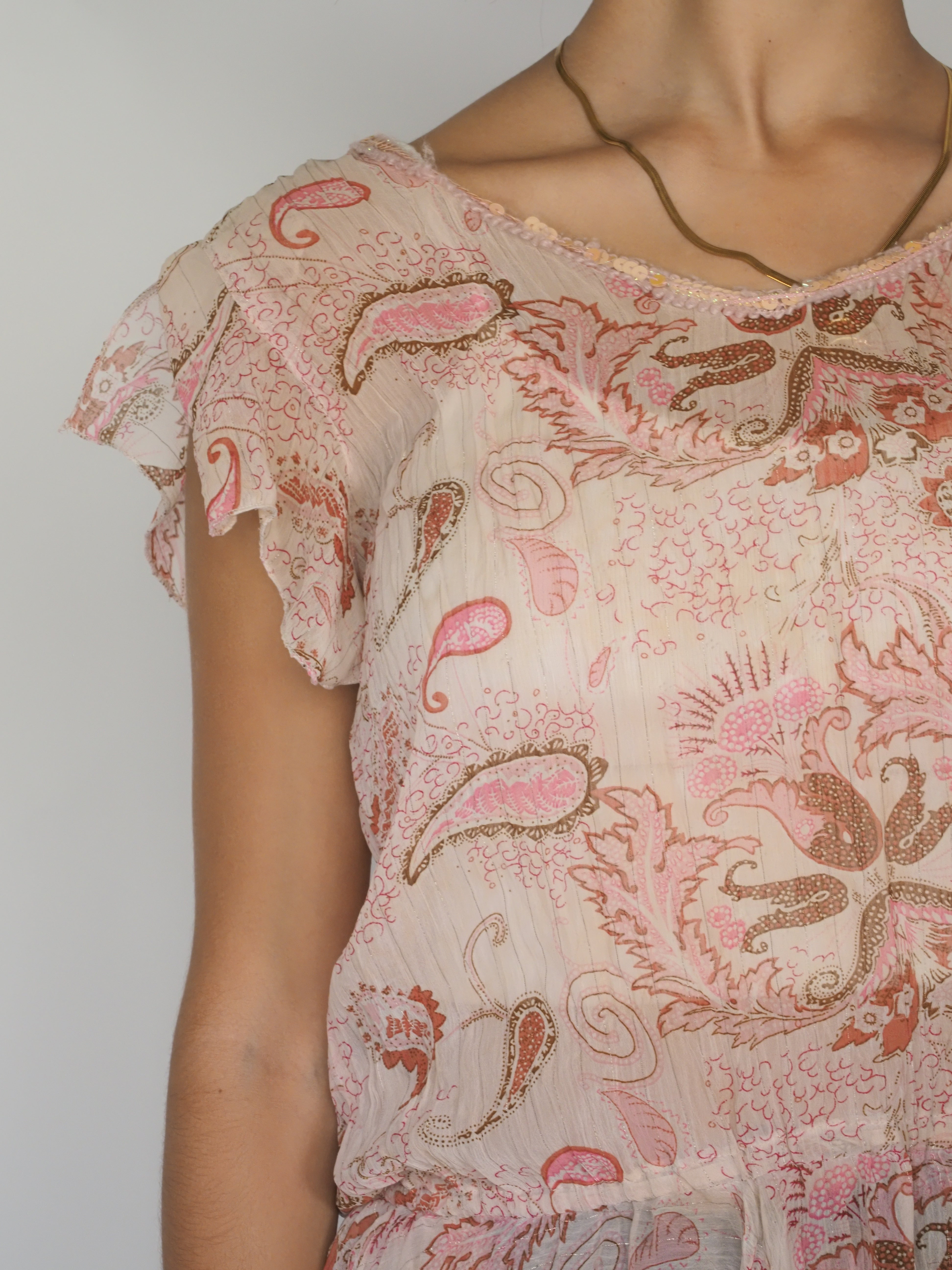 Sheer Paisley Flutter-Sleeve Blouse in Blush & Bronze