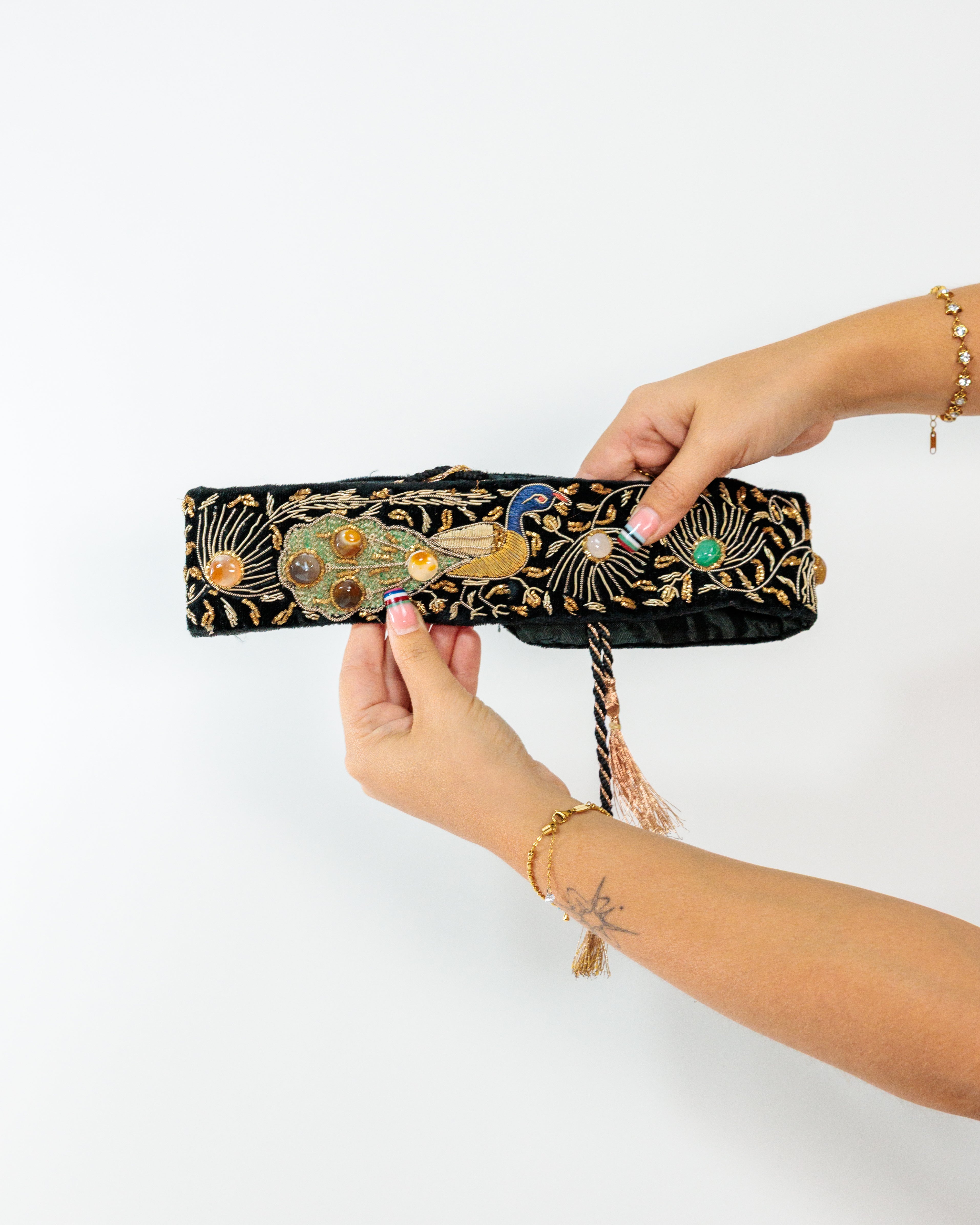 Black Peacock Embroidered Velvet Belt