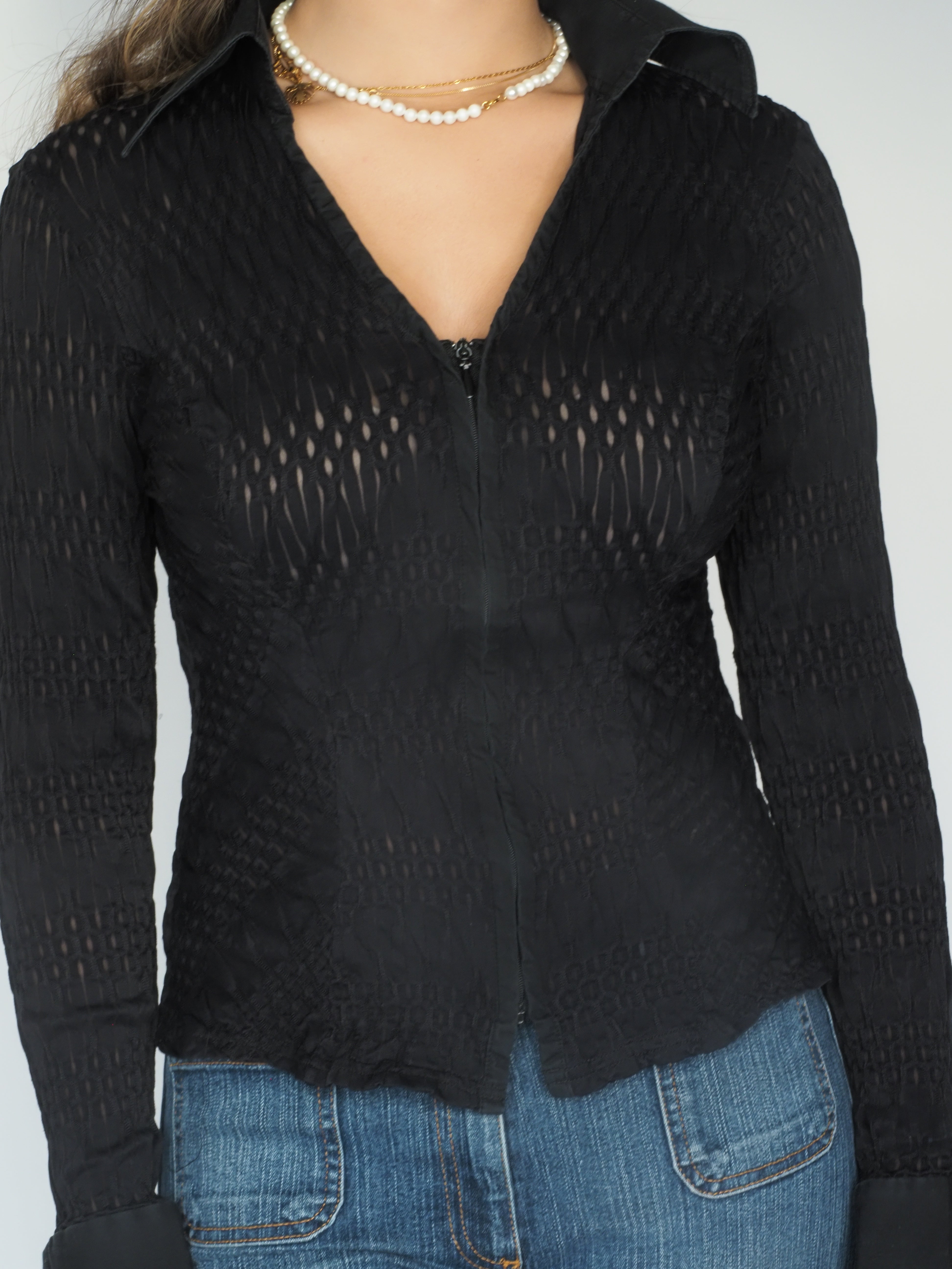 Black Sheer Textured Collared Shirt – Naracamicie