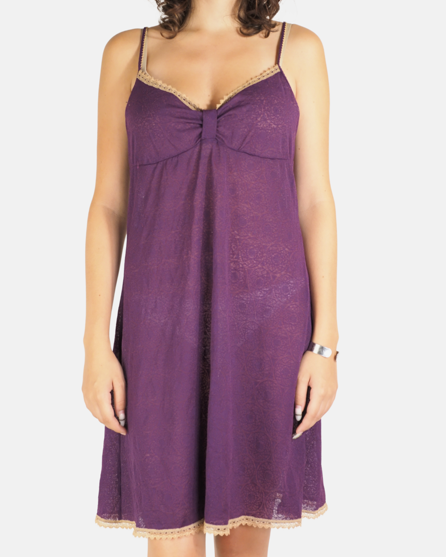 Purple Lace Trim Babydoll Midi Dress