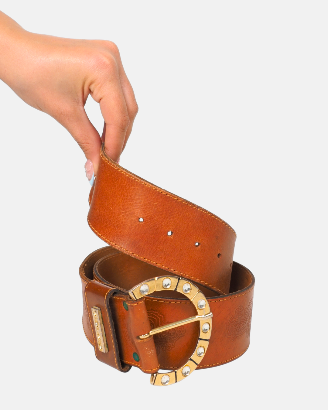 Tan Wide Embossed Leather Belt with Jewelled Buckle