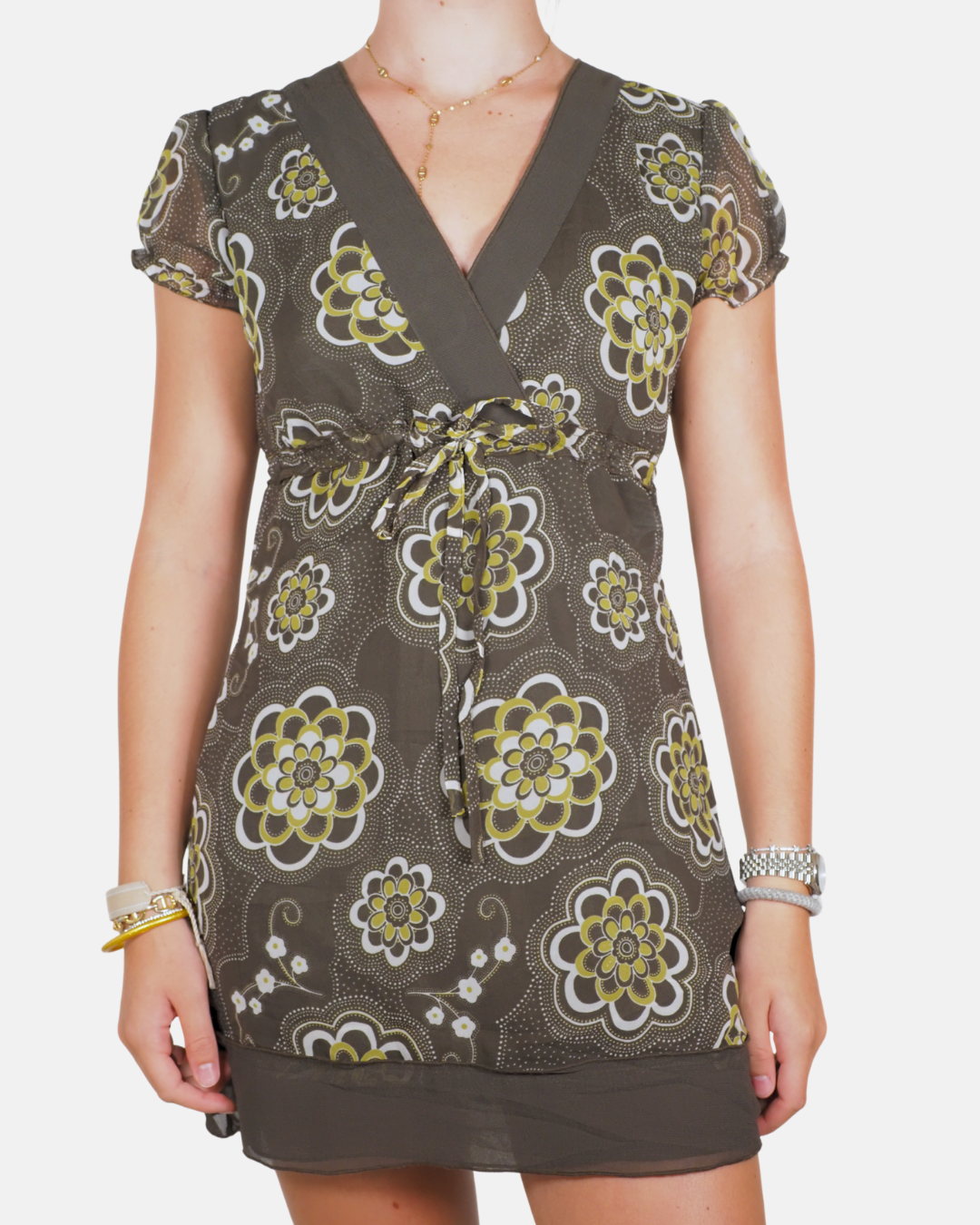 Brown Floral Empire Waist Mini Dress - Vestino