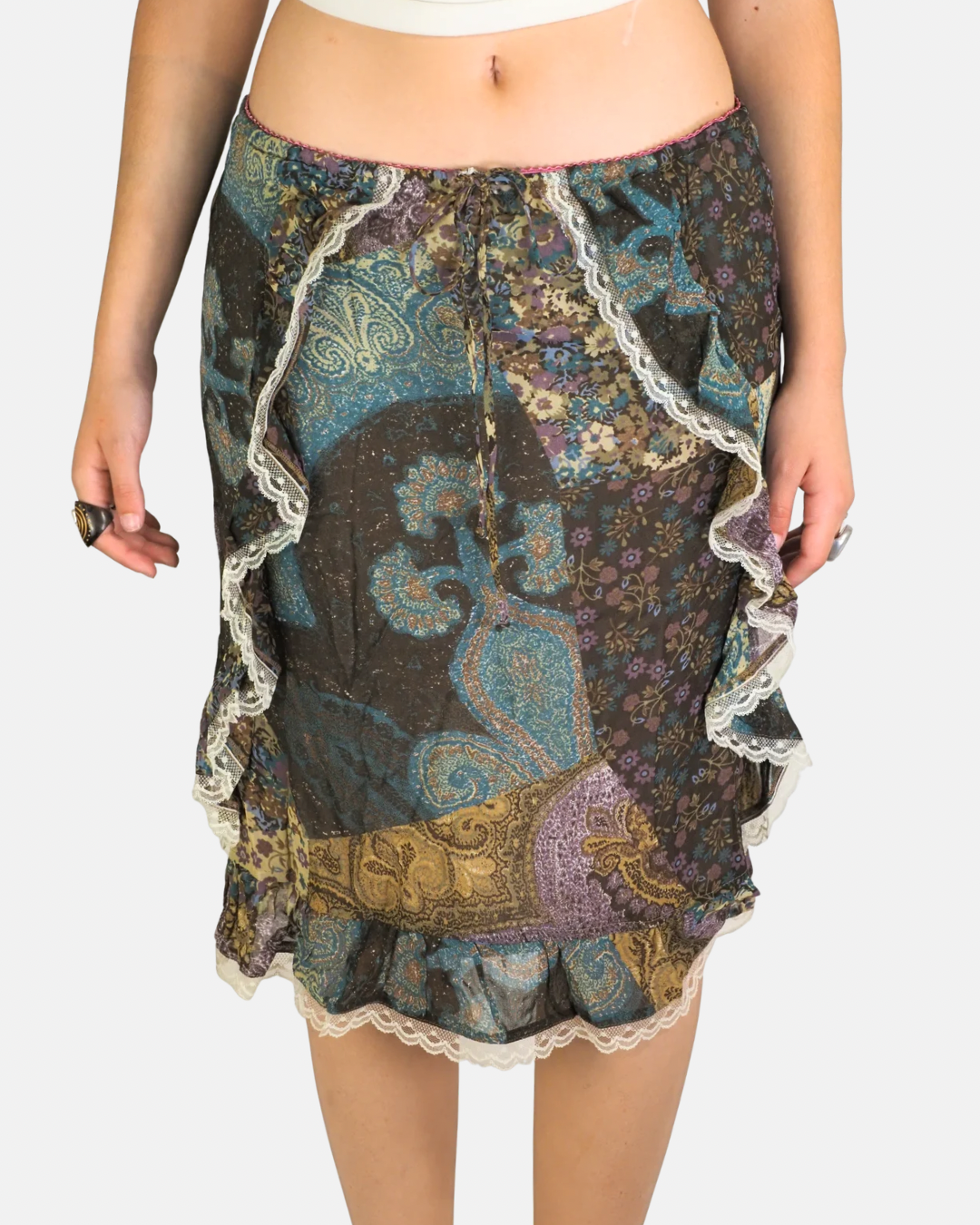 Y2K Patchwork Paisley Lace Ruffle Skirt - Stefanel