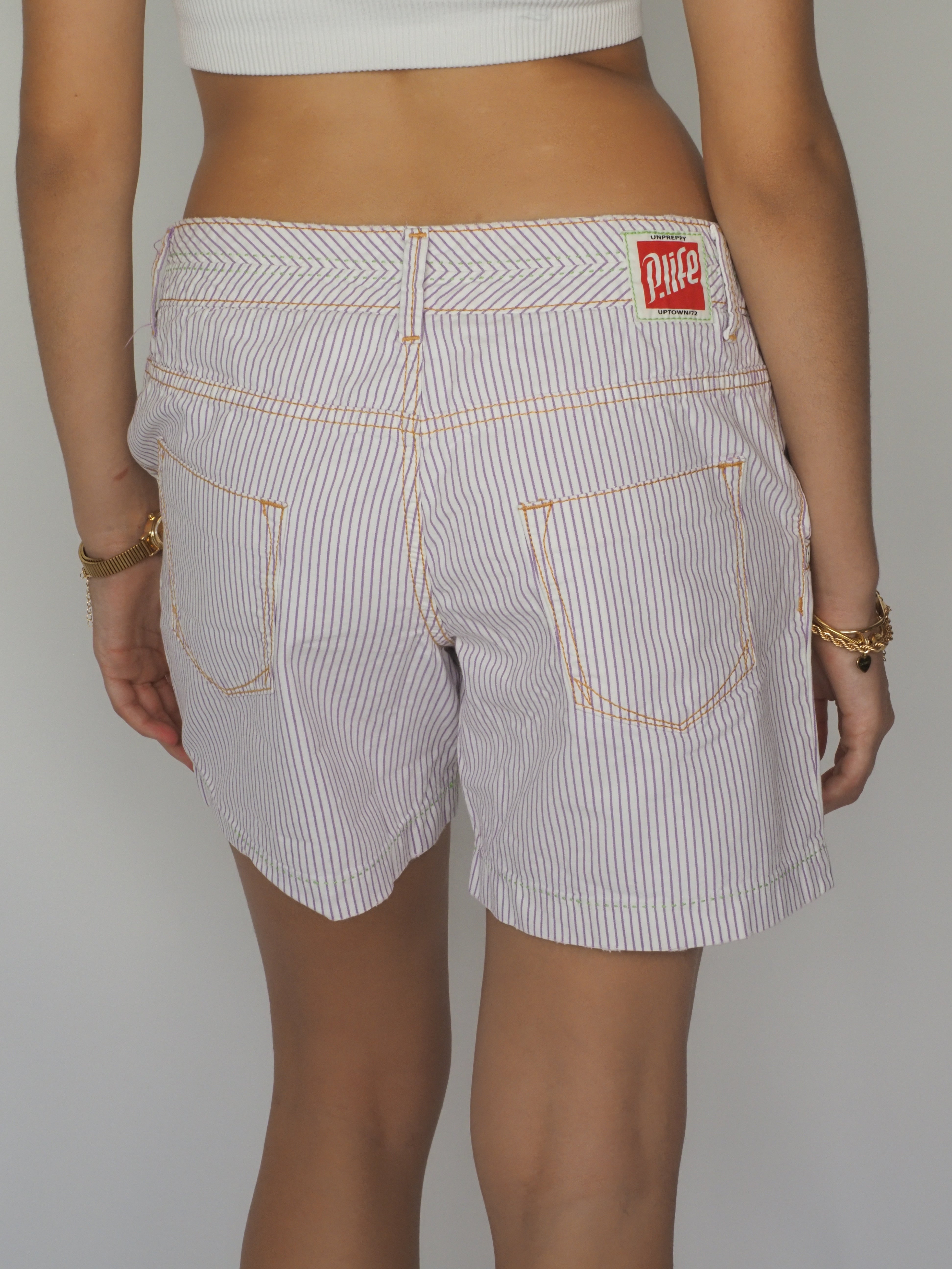 Lilac Pinstripe Cotton Shorts with Contrast Stitching – P. Life