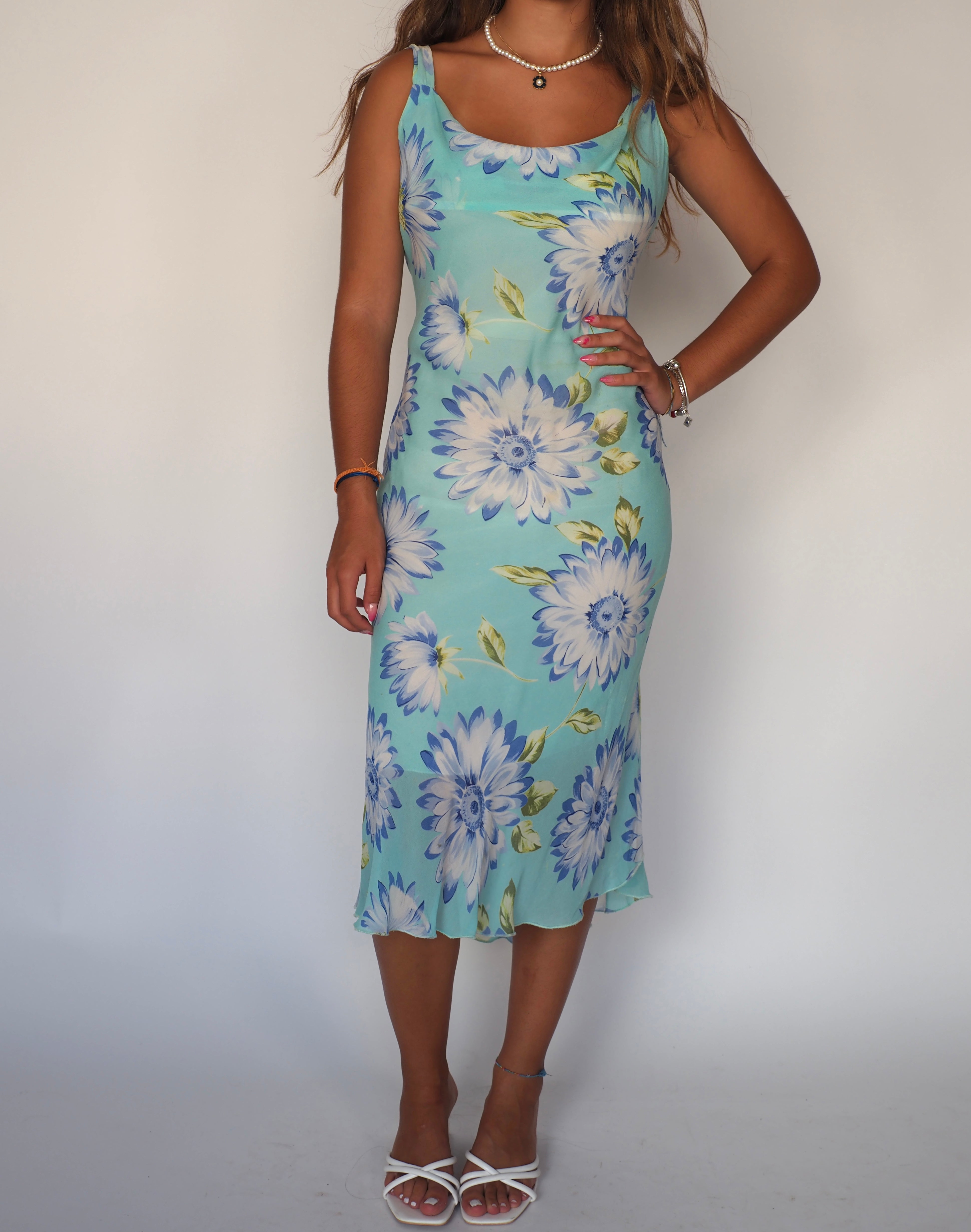Mint Blue Floral Midi Dress with Scoop Neckline