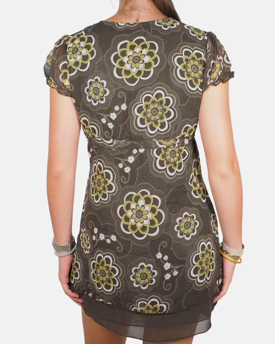 Brown Floral Empire Waist Mini Dress - Vestino