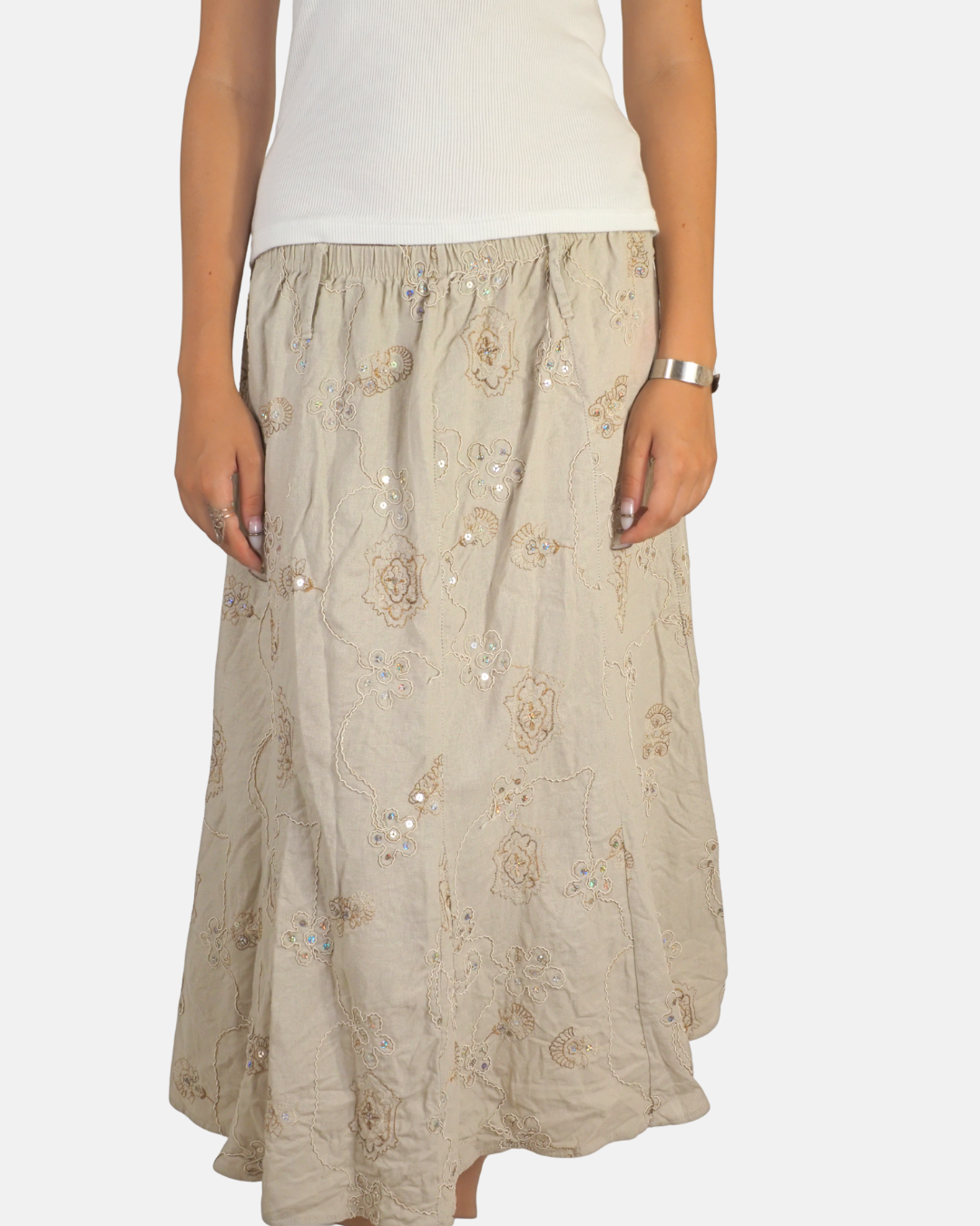 Y2K Beige Floral Embroidered Sequin Maxi Skirt