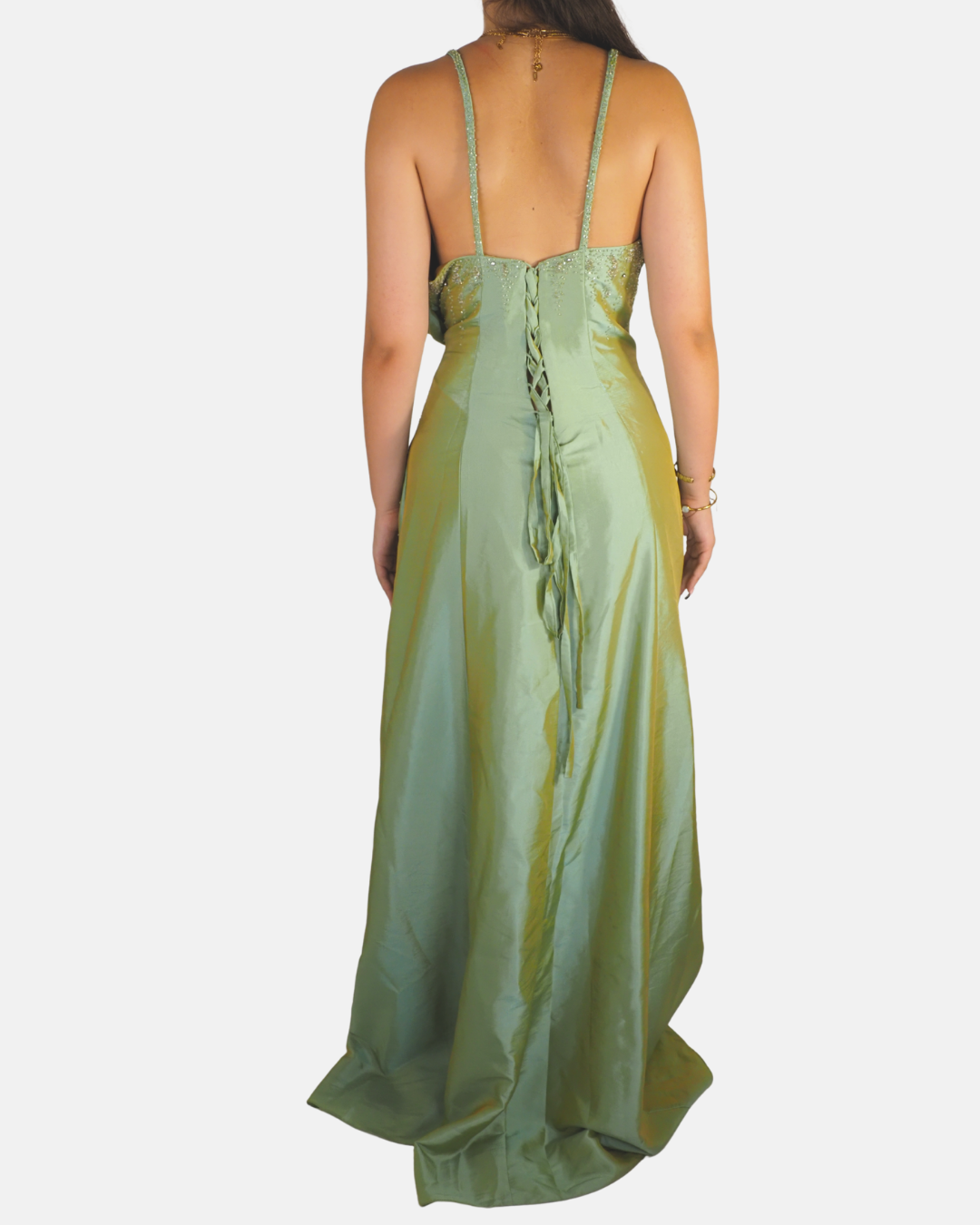 Sage Green Beaded Lace-Up Evening Gown - JORA