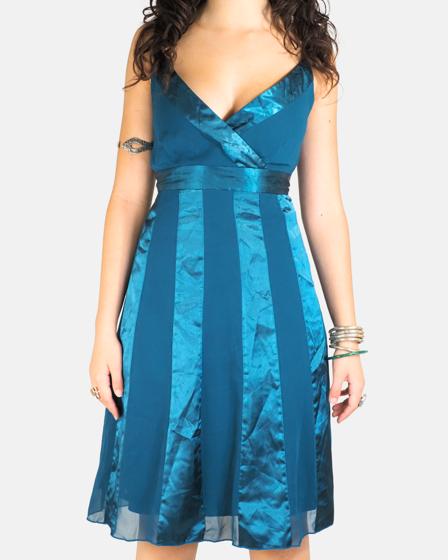Y2K Teal Satin Panel Midi Dress - Believe