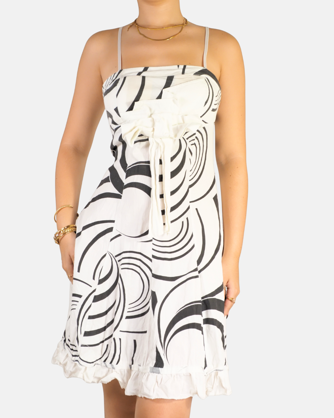 Black & White Abstract Print Babydoll Midi Dress with Bow