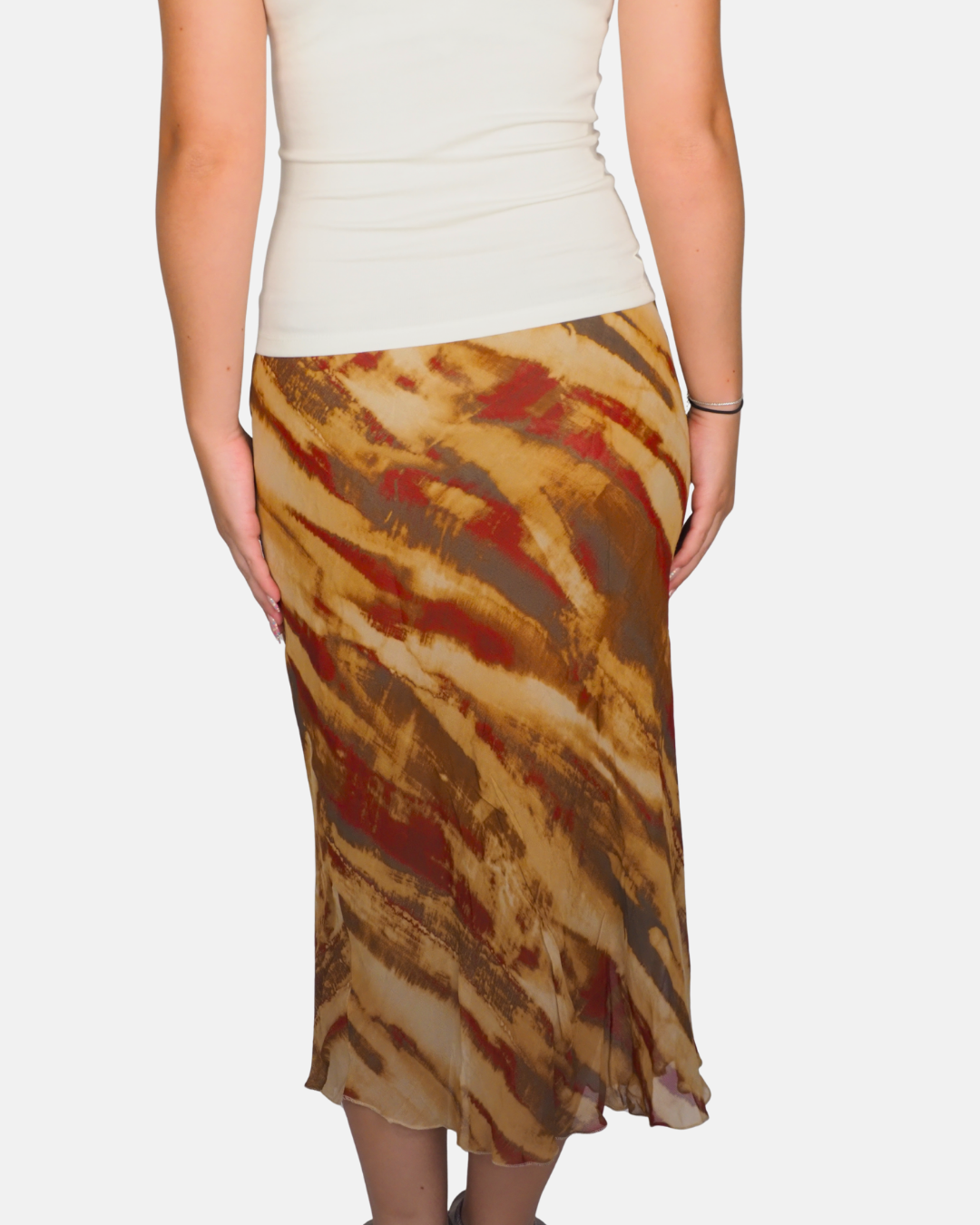 Abstract Earth-Tone Mesh Midi Skirt