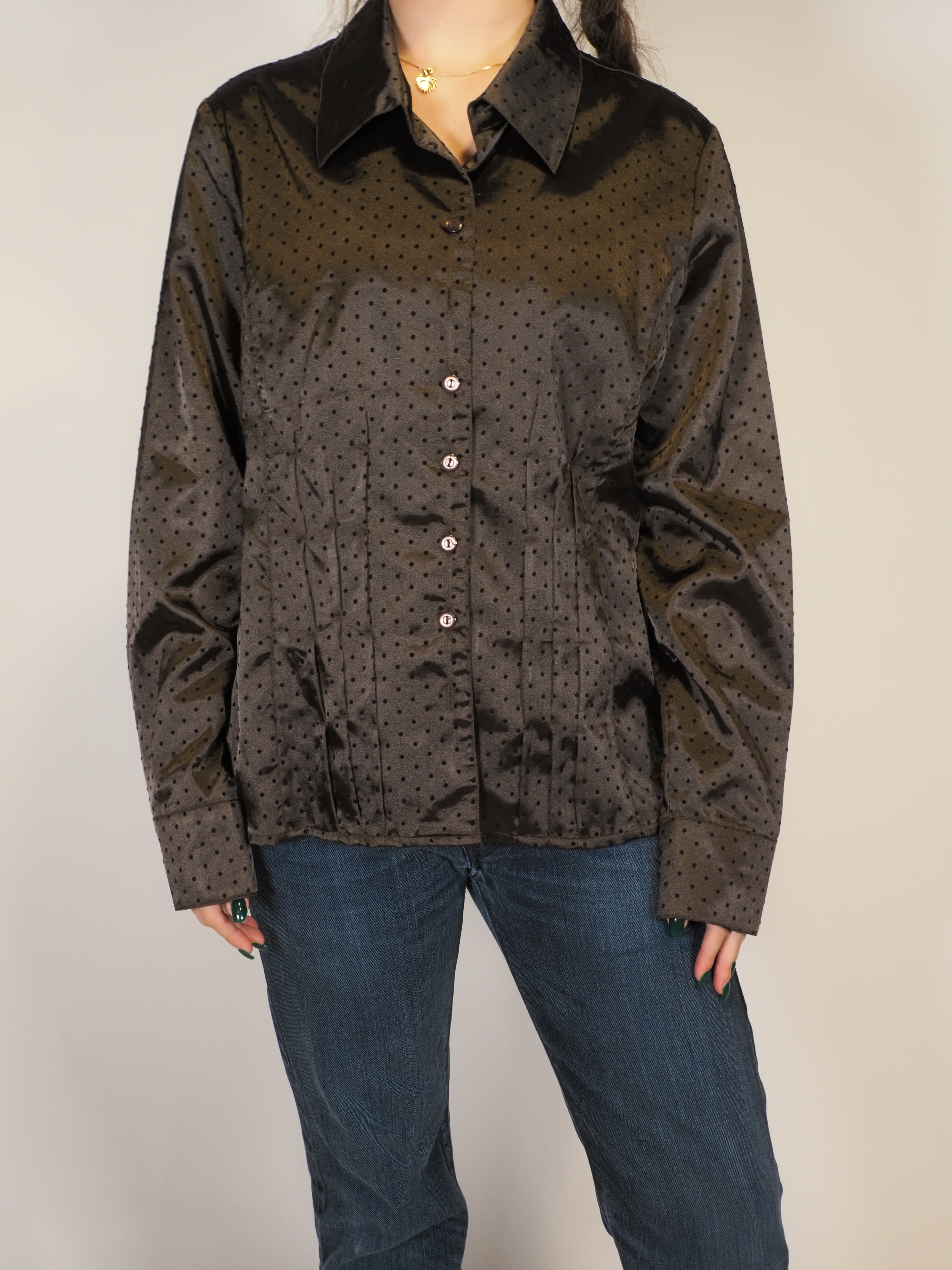 Bronze Satin Polka-Dot Button-Down Blouse