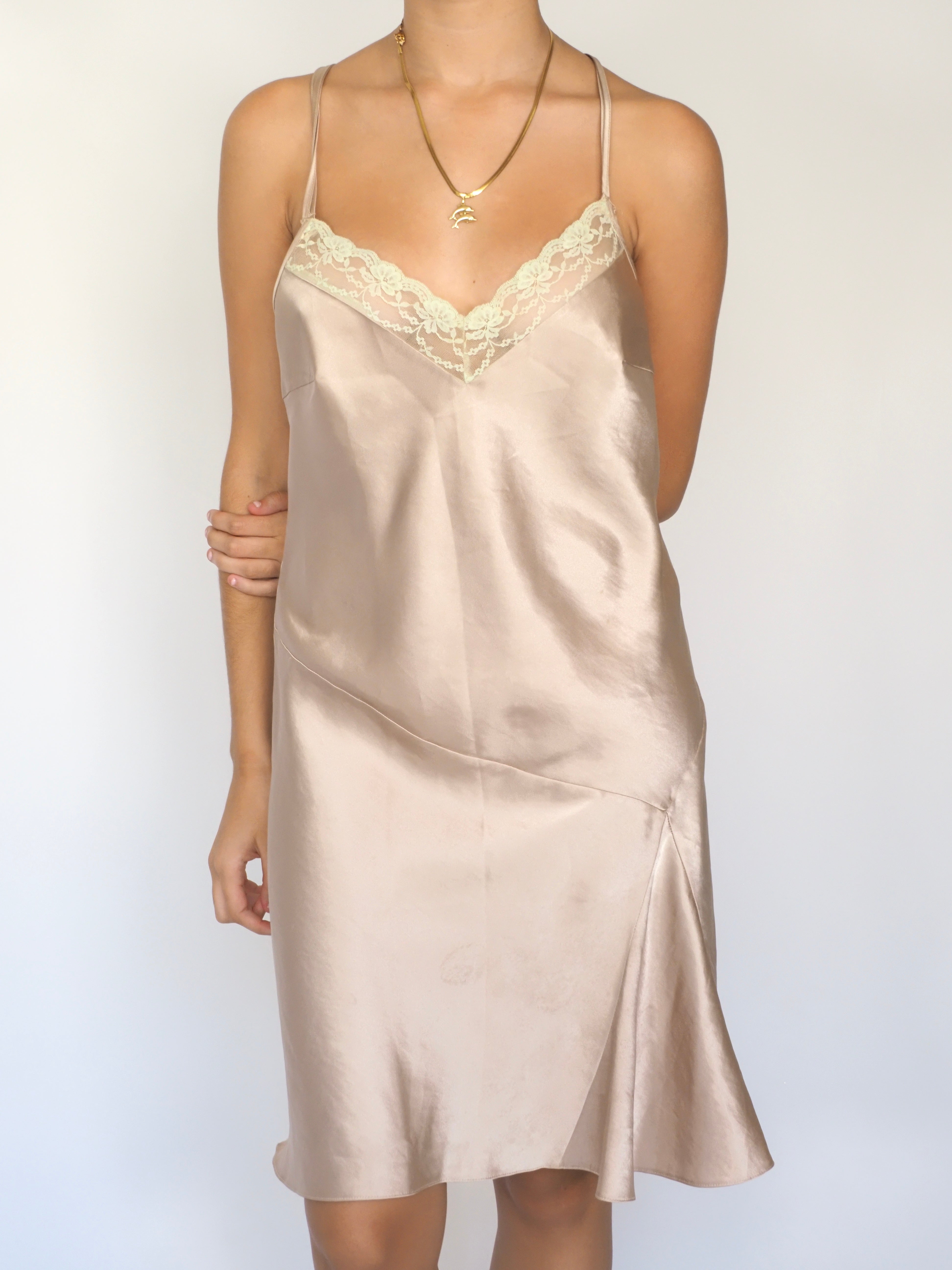 90s Champagne Satin Slip Dress with Lace Trim
