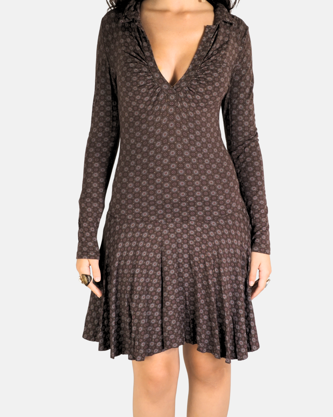 Brown Micro Print Drop-Waist Dress - Hot Girl