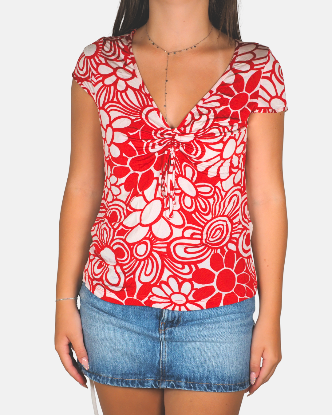 Red Floral Ruched V-Neck Top - Mariella