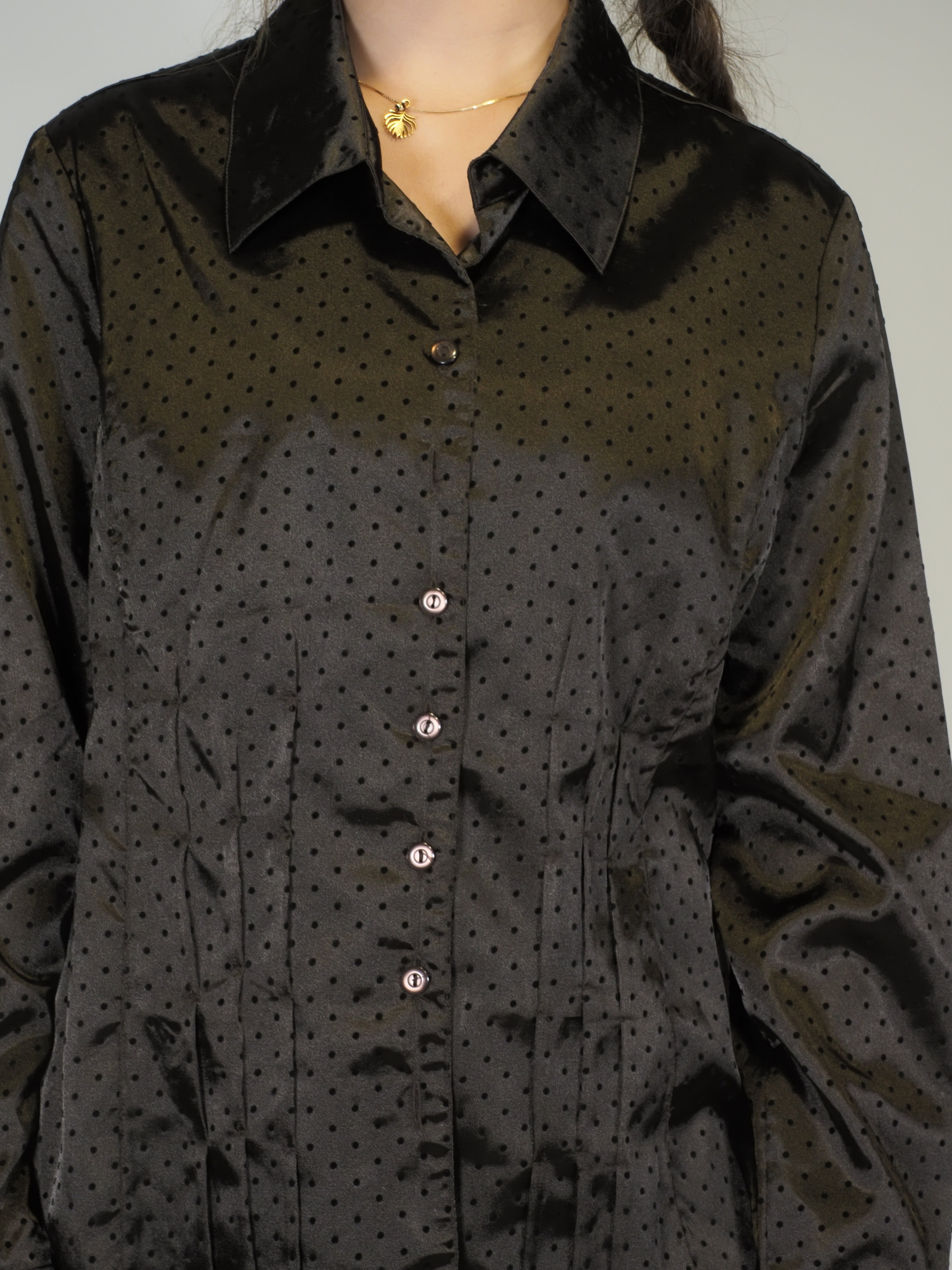 Bronze Satin Polka-Dot Button-Down Blouse