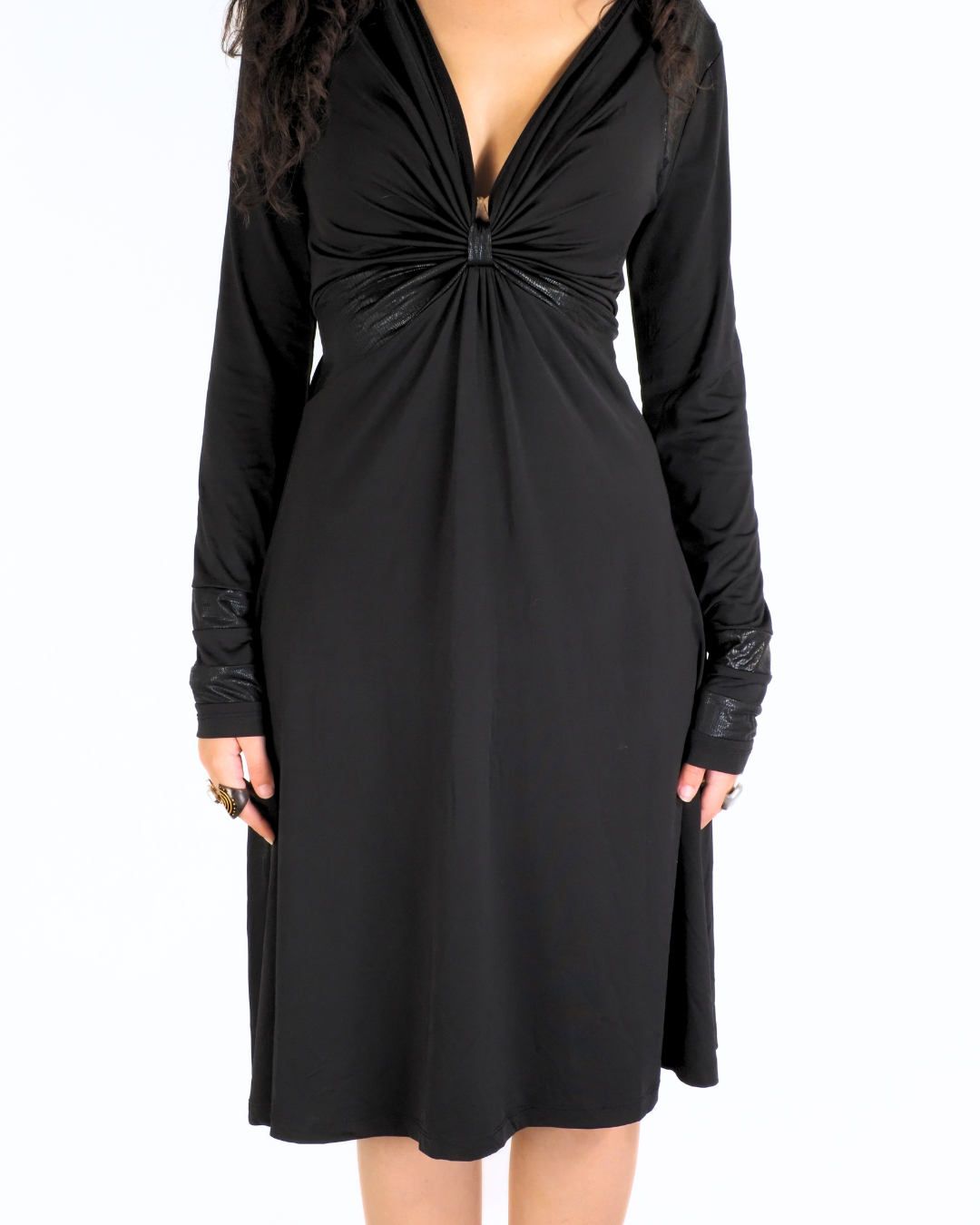 Black Ruched Long Sleeve Midi Dress - Morgan