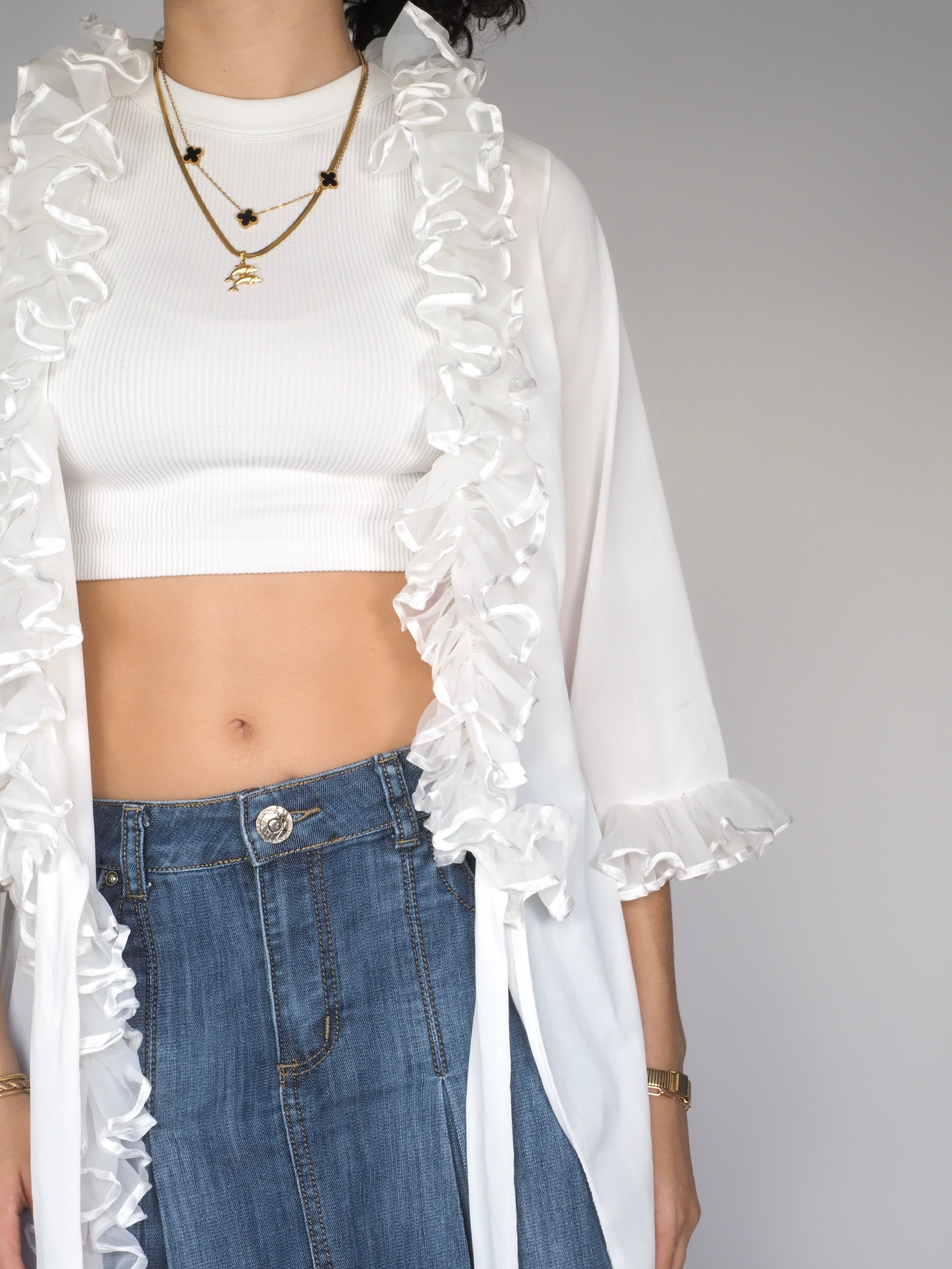 White Sheer Ruffle-Trim Kimono – Foemin