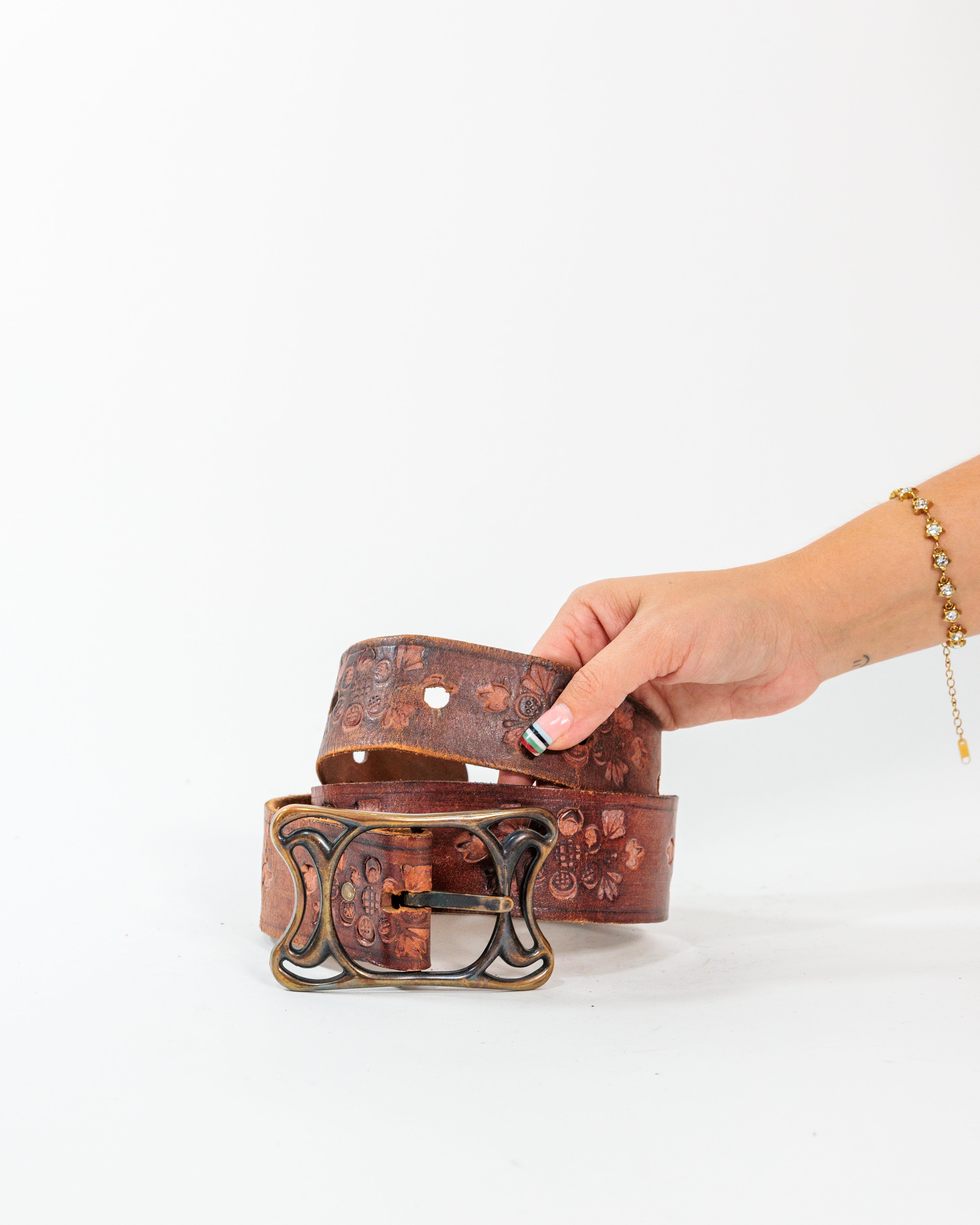 Brown Floral Embossed Wide Belt