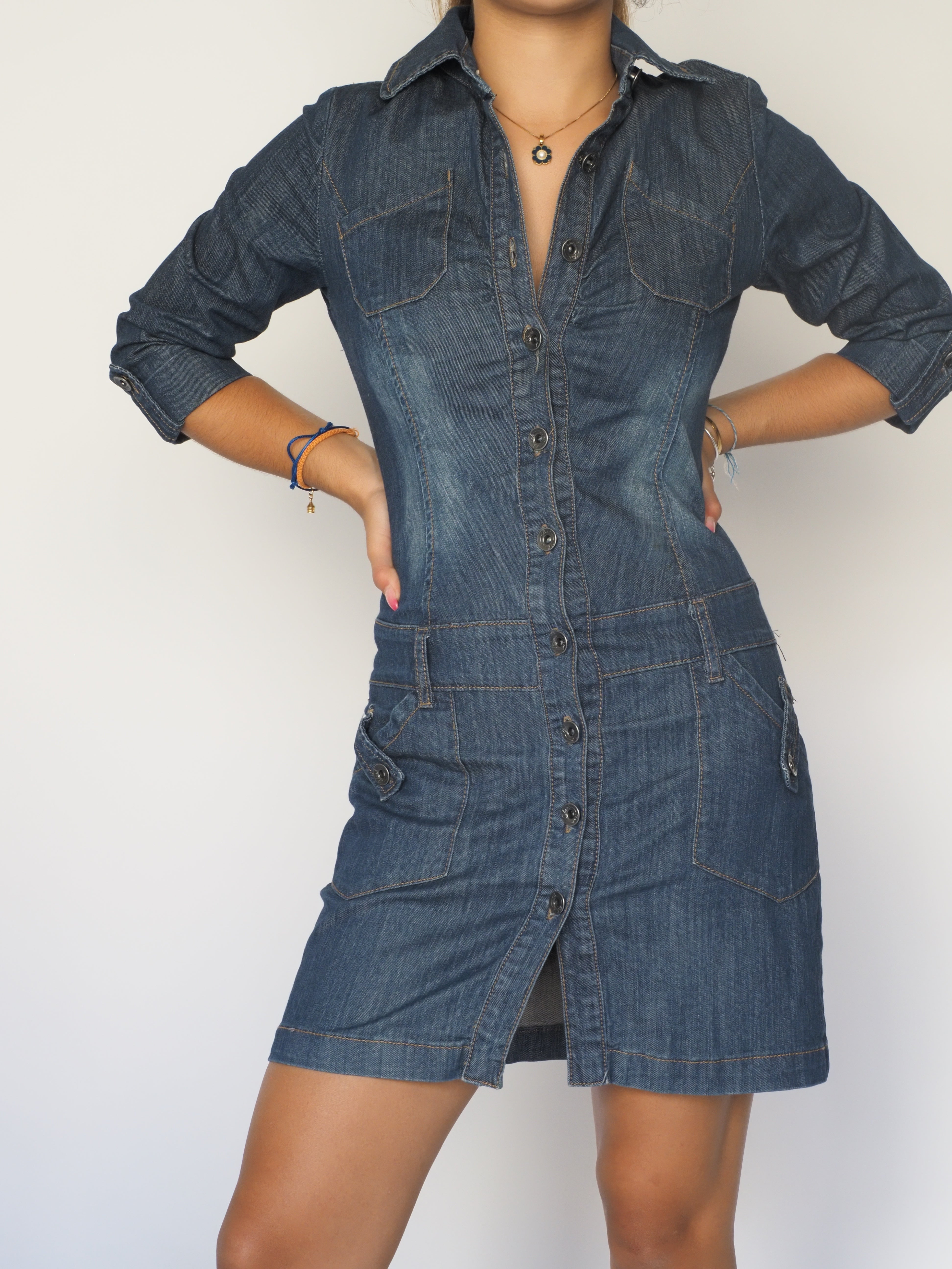 Y2K Fitted Denim Shirt Dress with Utility Pockets – Black Bat