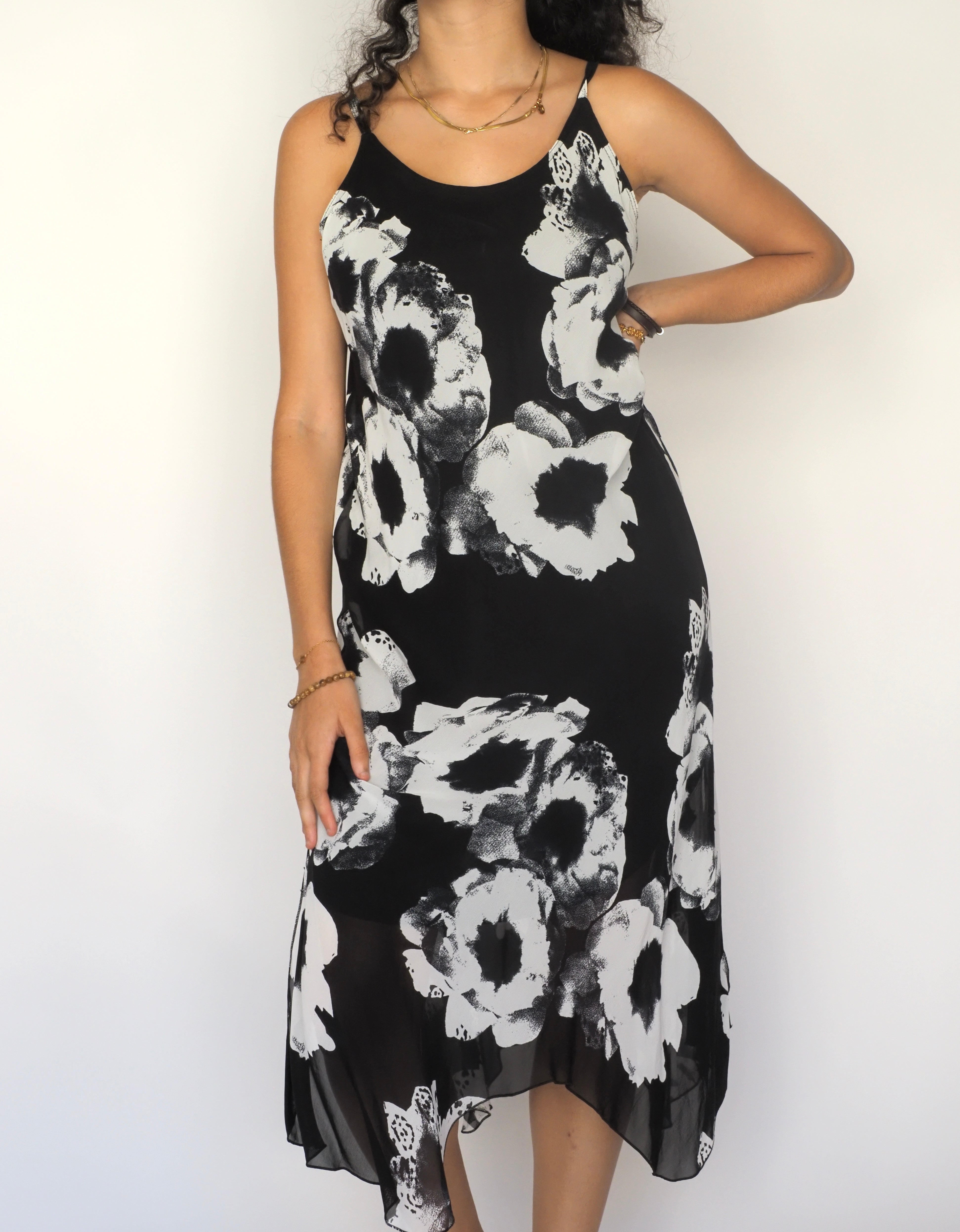 Monochrome Floral Asymmetric Midi Dress