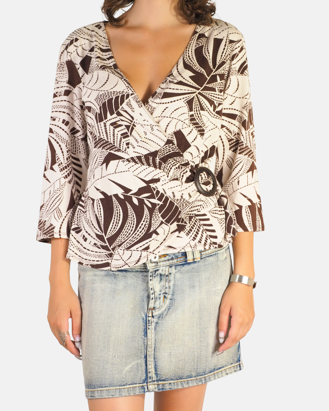 Y2K Brown & Cream Wrap Top - Wallis