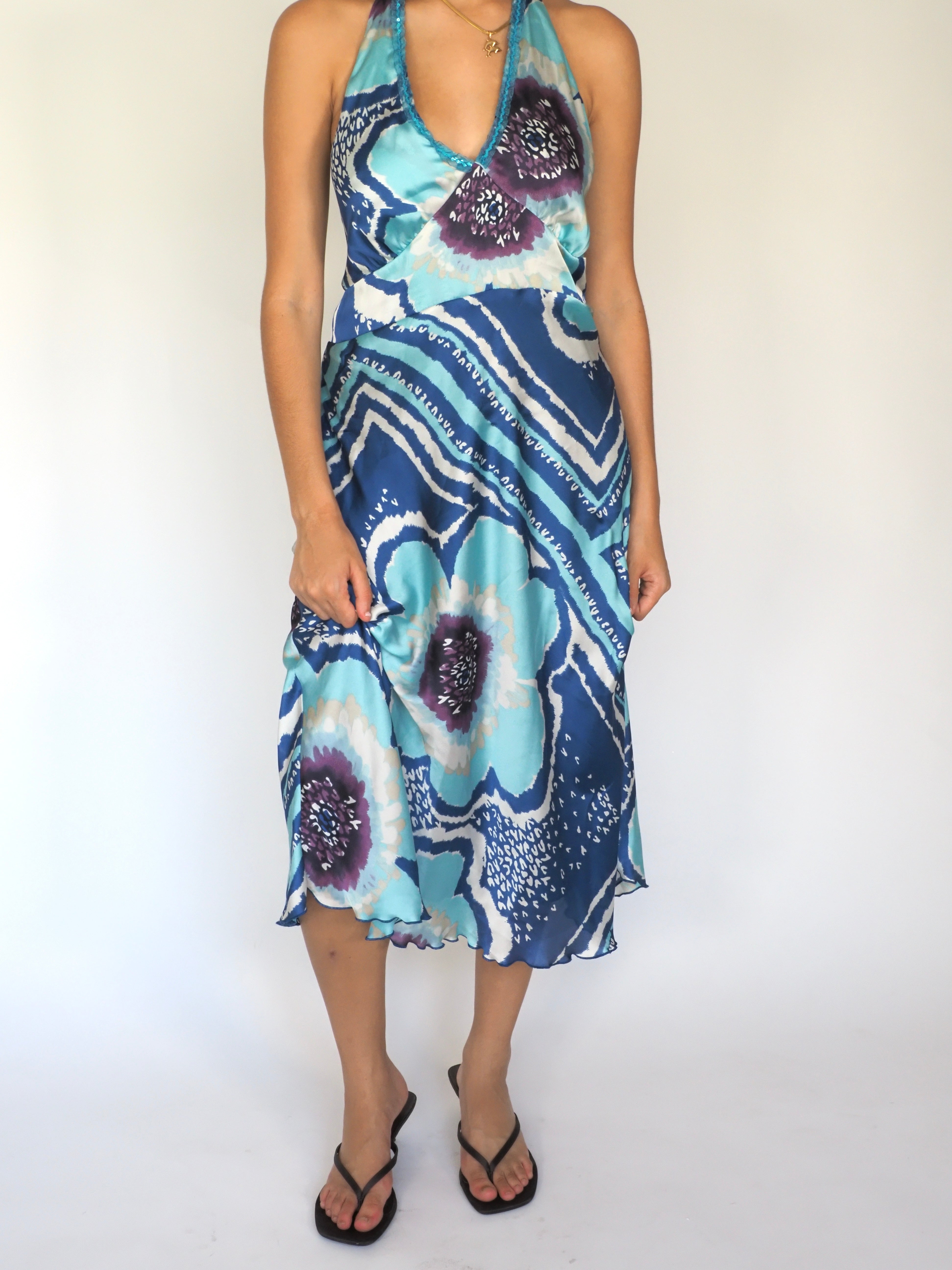 Blue Abstract Floral Halter Midi Dress – Fiorella Rubino