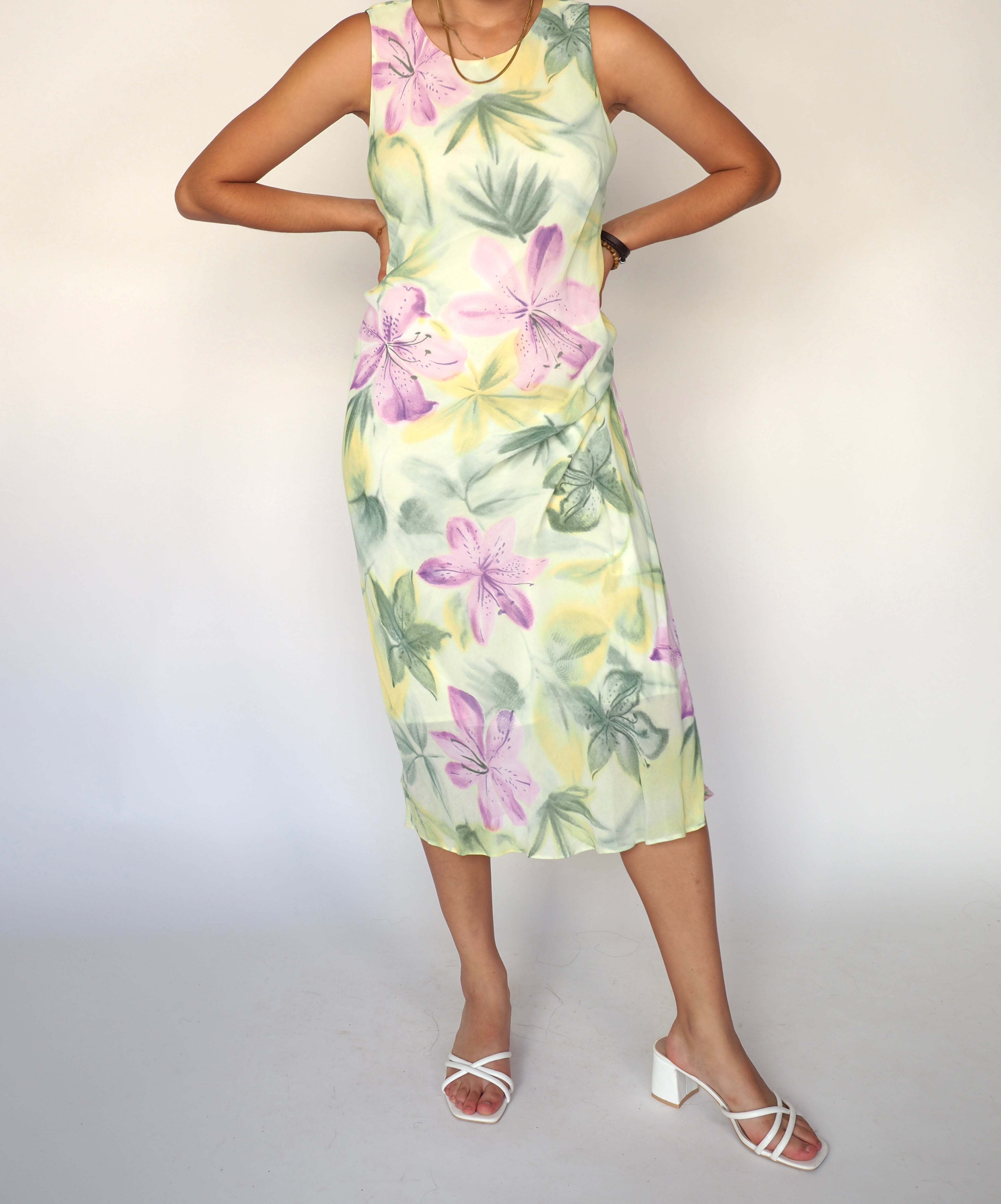 Warp & Weft “Pastel Lily” Floral-Print Slip Midi