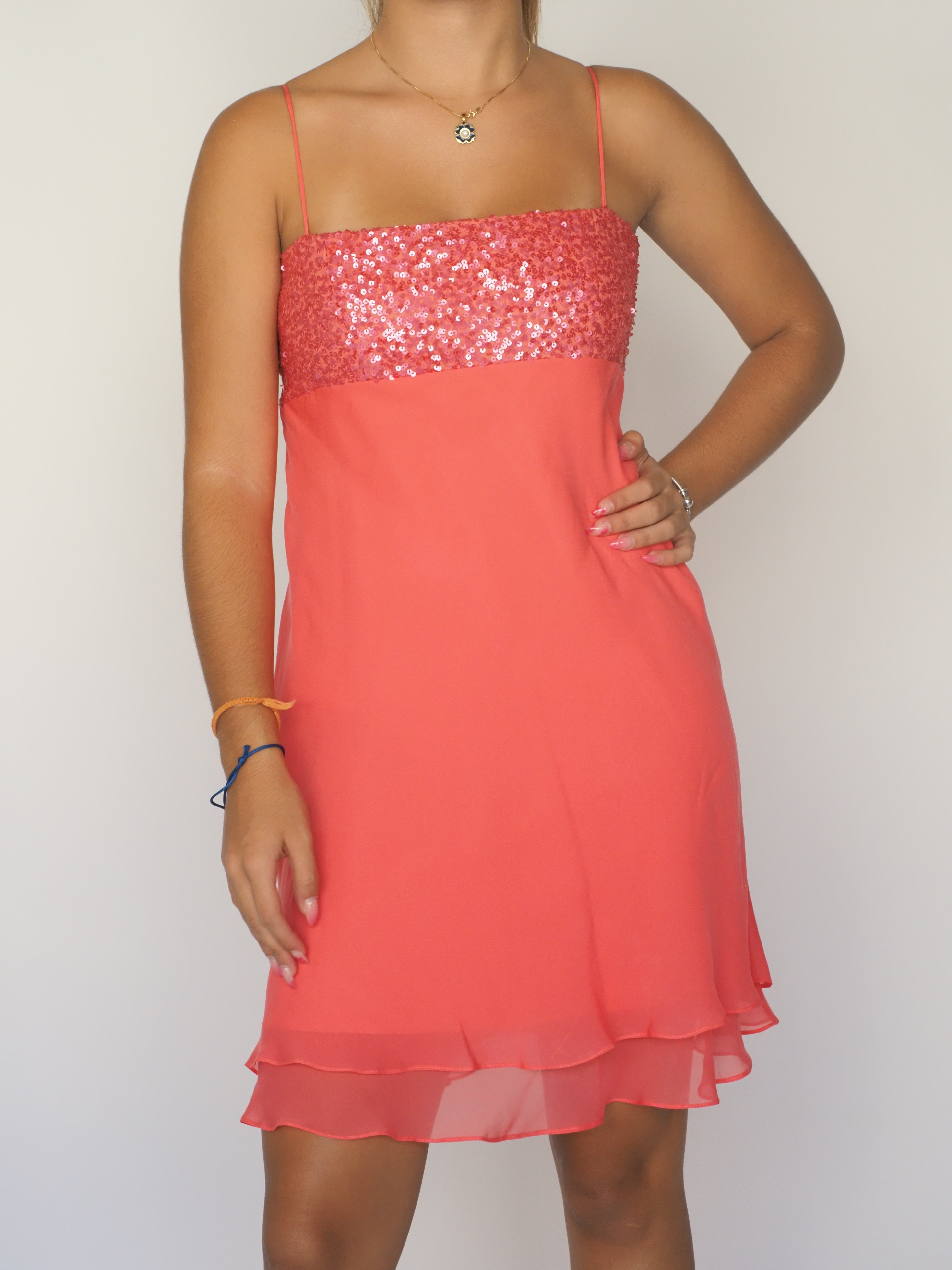 Coral Chiffon Sequin-Bodice Mini Dress
