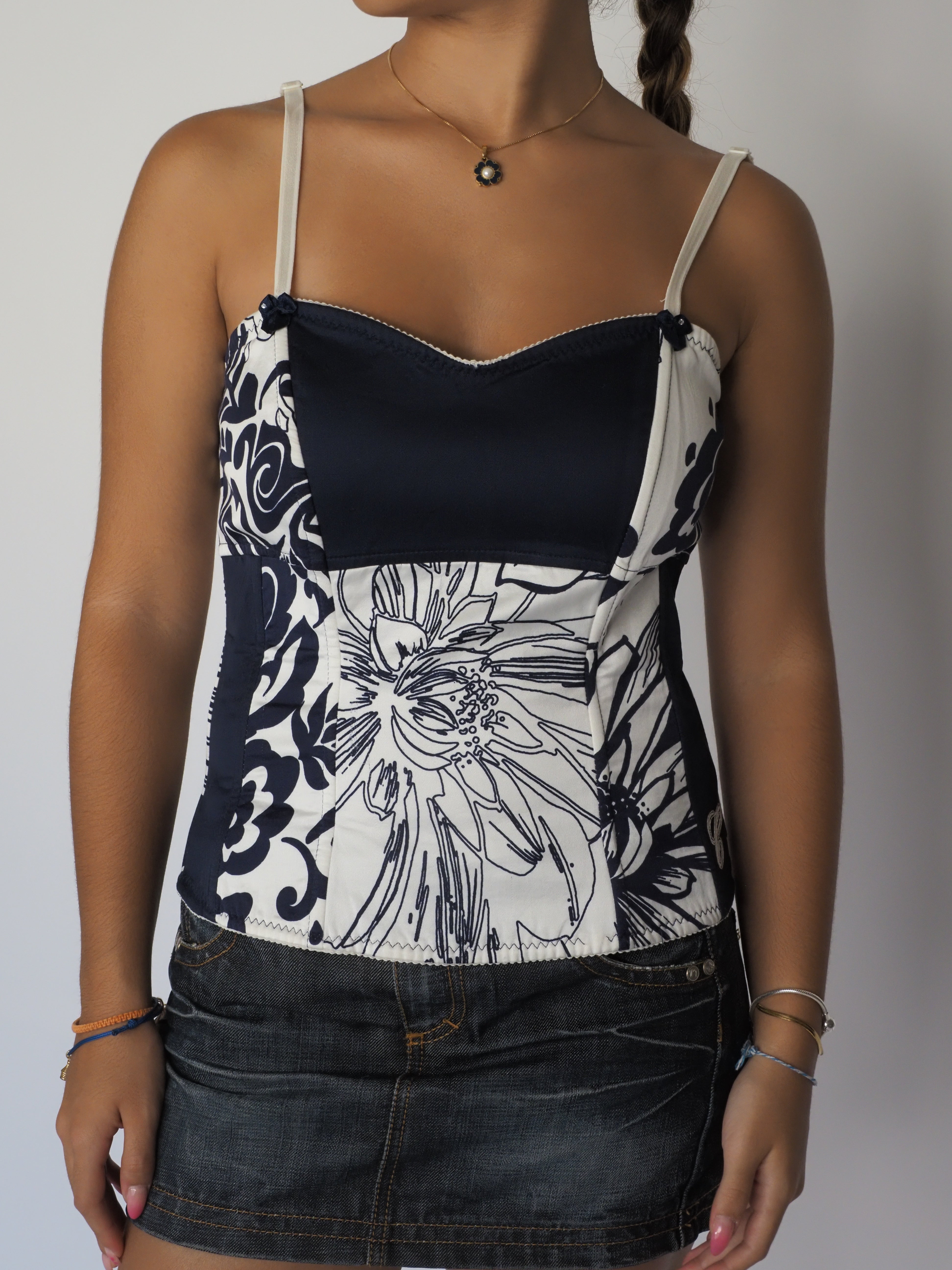 Canella Black Floral Mesh Corset with Lace-Up Sides