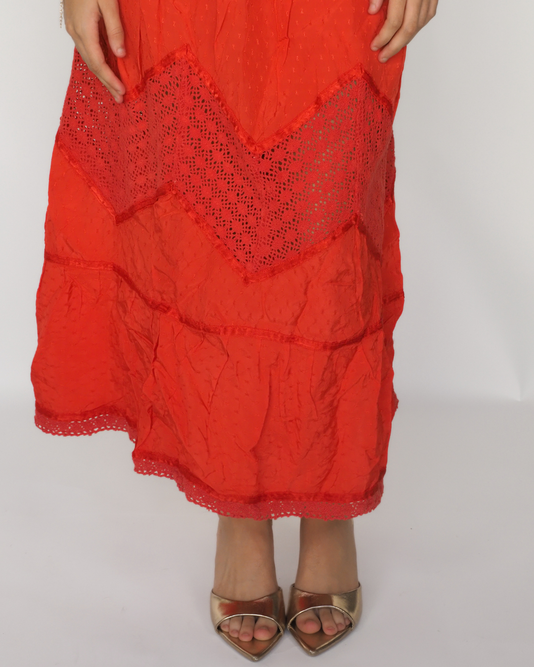 Red Lace Panel Maxi Skirt