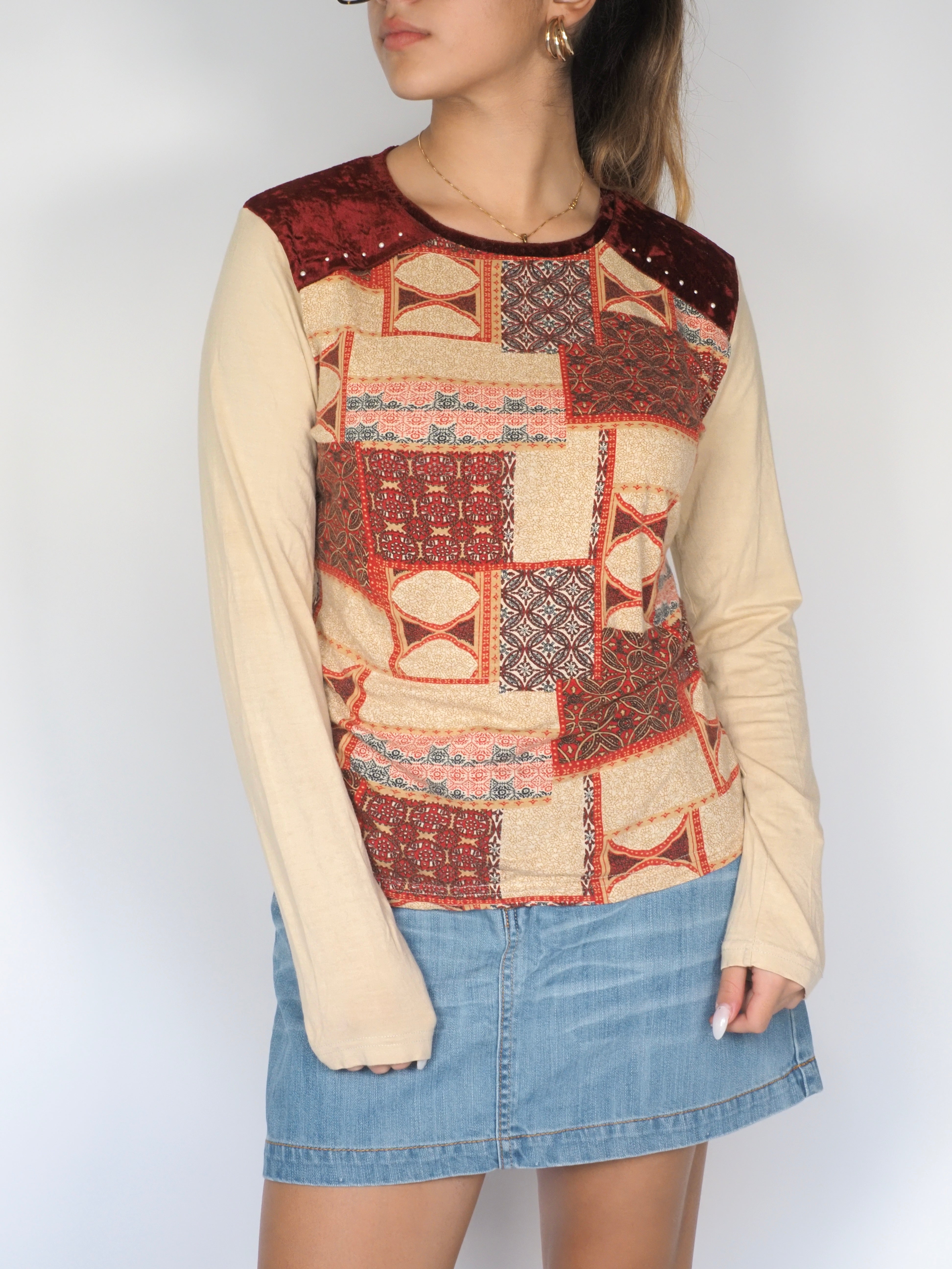 Patchwork Velvet Accent Long Sleeve Top – Lea.H