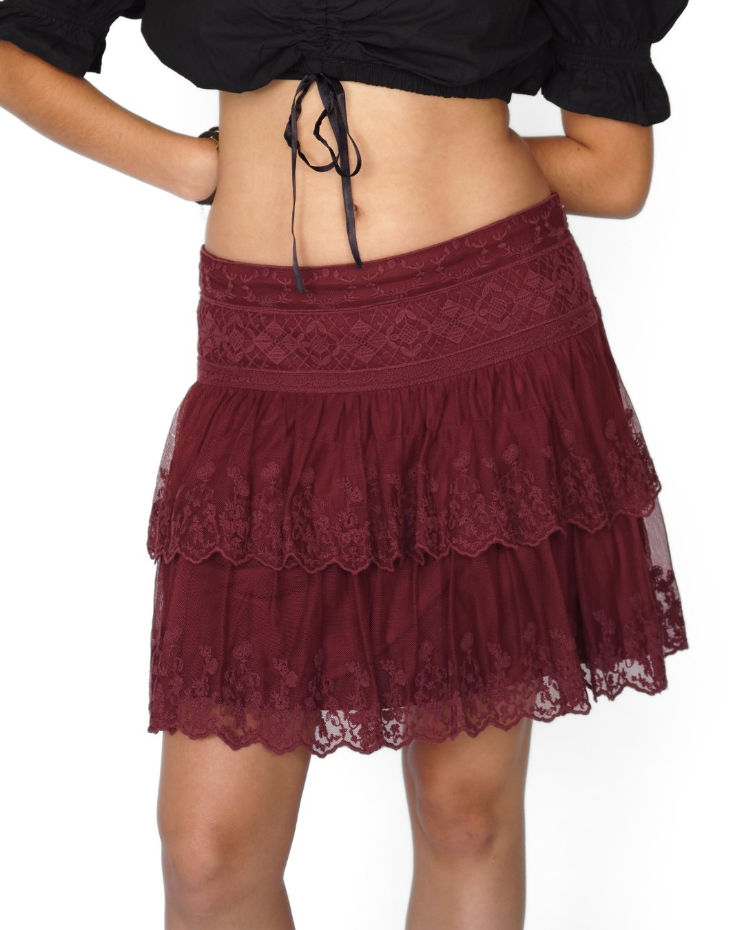 Vintage Promod Burgundy Tiered Lace Mini Skirt – Boho Ruffle A‑Line Style