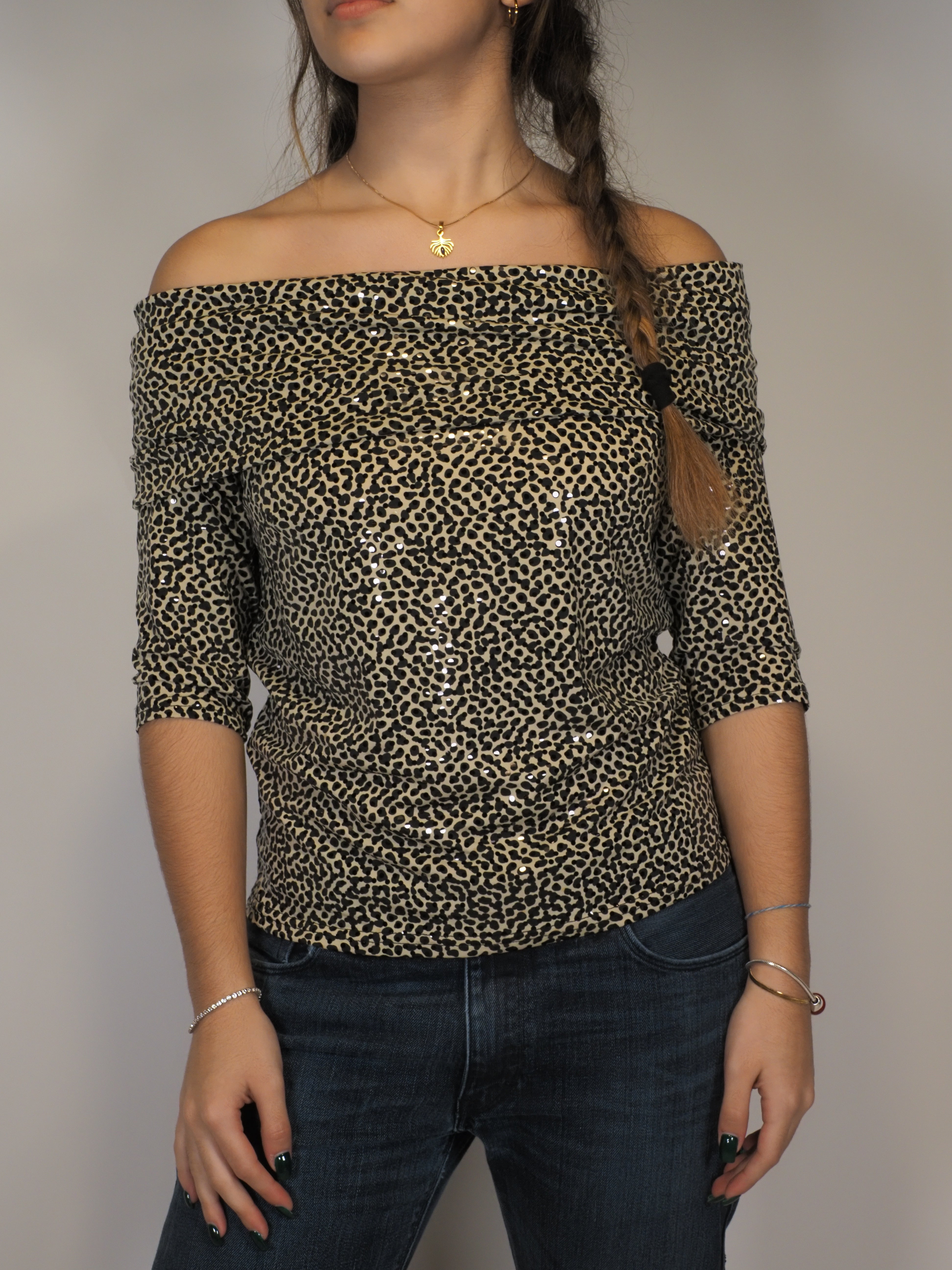 Joseph Ribkoff Leopard Print Off-Shoulder Stretch Top
