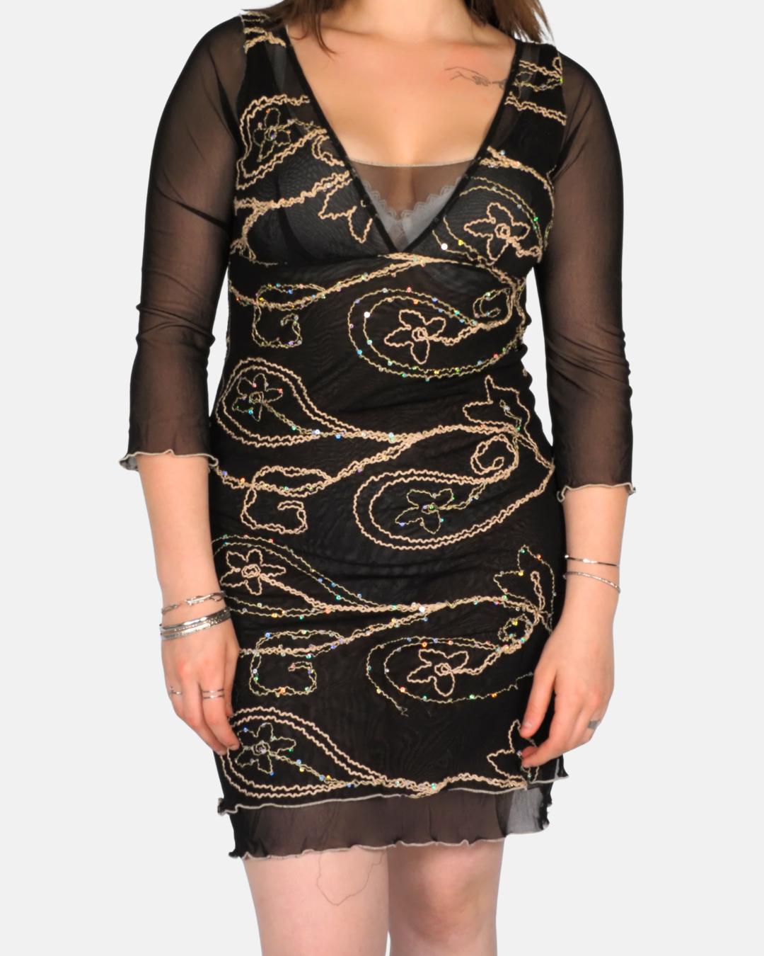 Anna.D Vintage Black Sheer Sequin Embellished Mini Dress