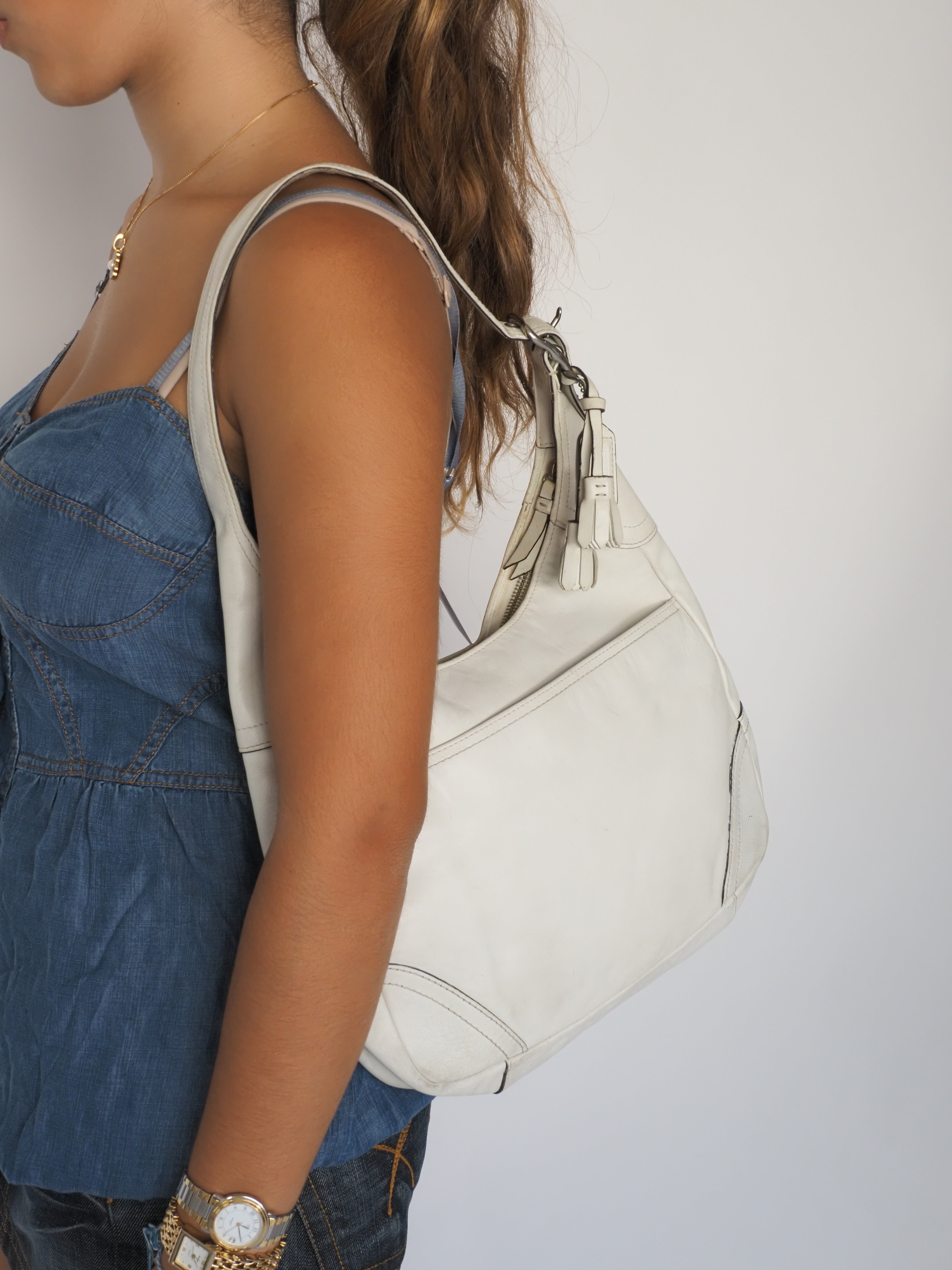 White Pebbled Leather Hobo Leather Shoulder Bag