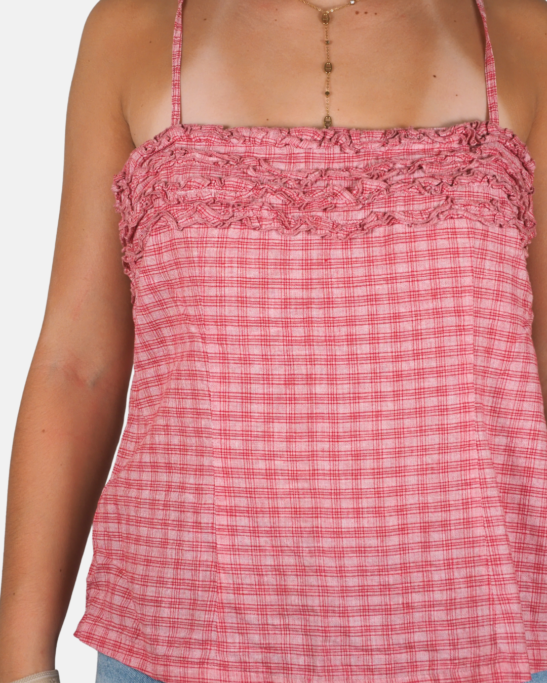 Vintage Pinky Red Plaid Ruffle Cami Top - Hennes
