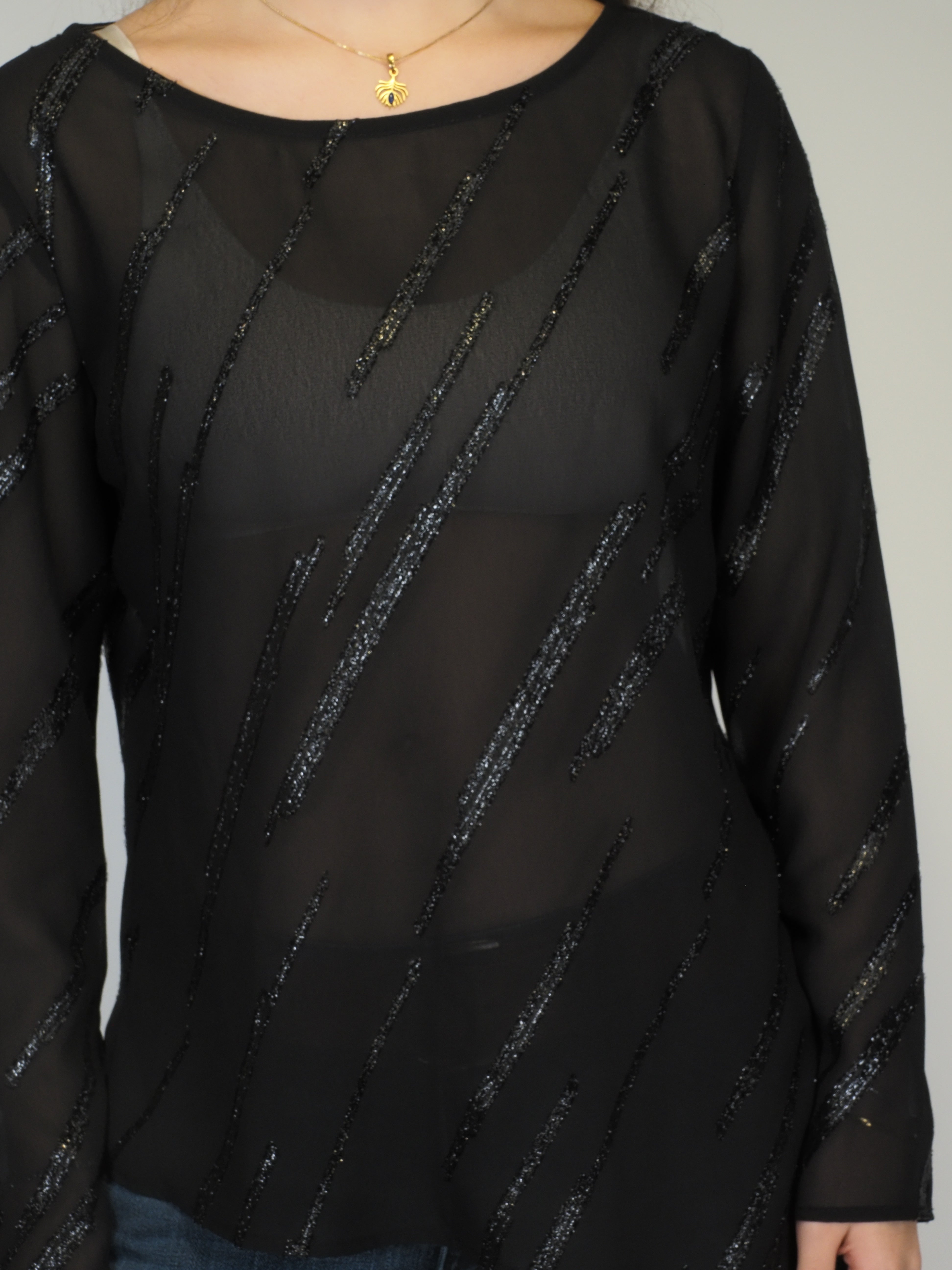 Black Sheer Sparkle Long-Sleeve Top – Frank Lyman