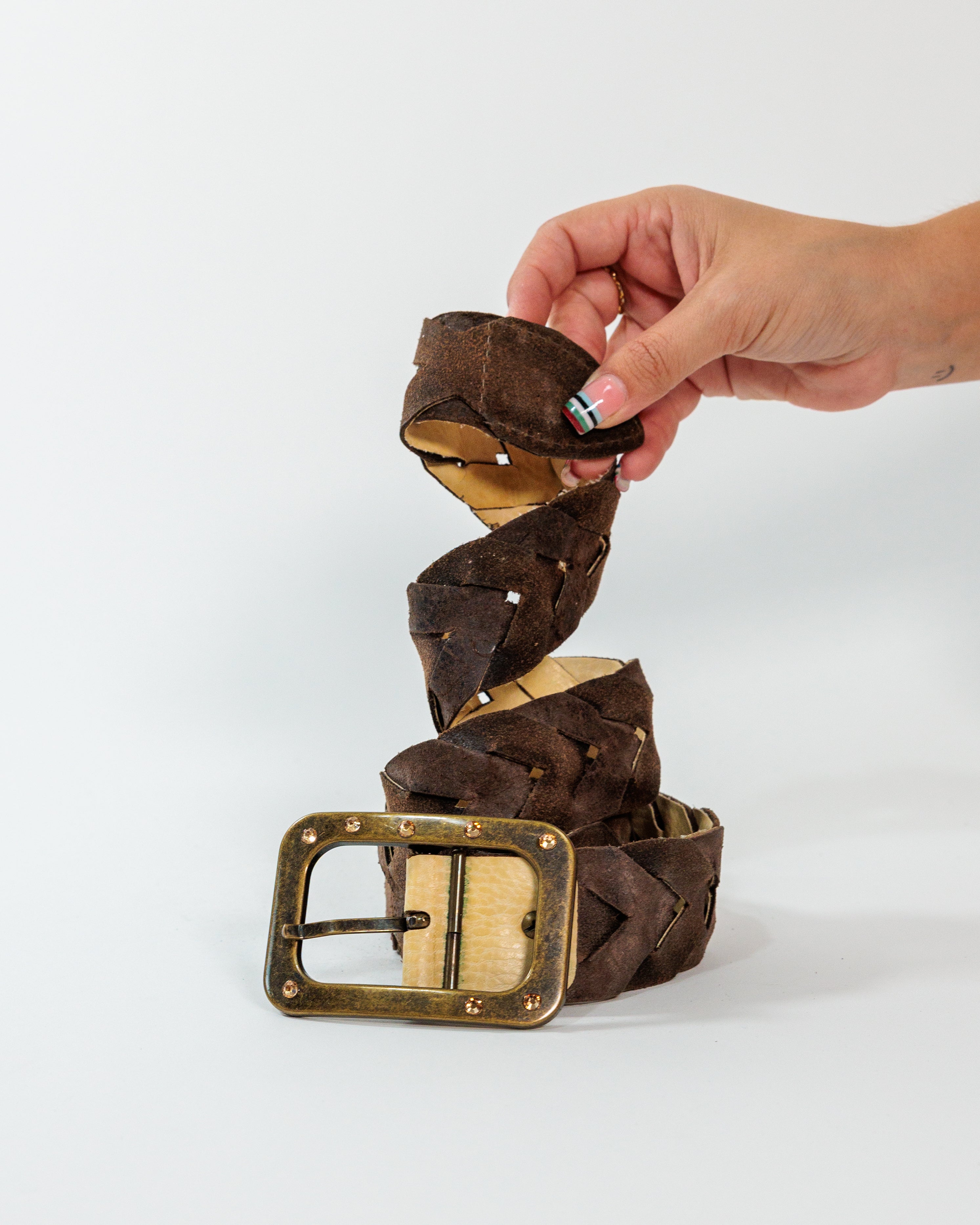 Brown Braided Suede Wide Belt