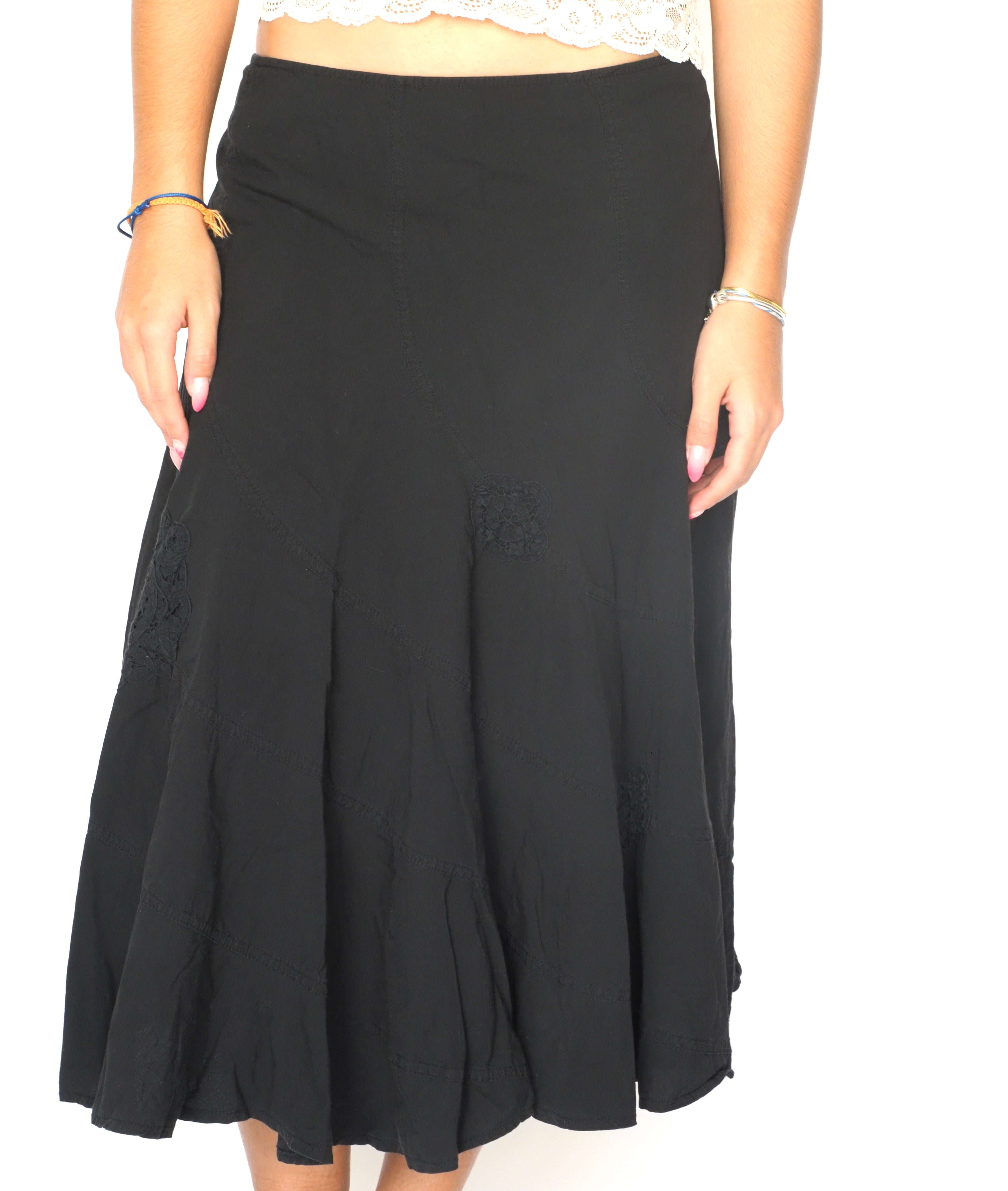 Flowy Black Boho Patchwork Midi Skirt