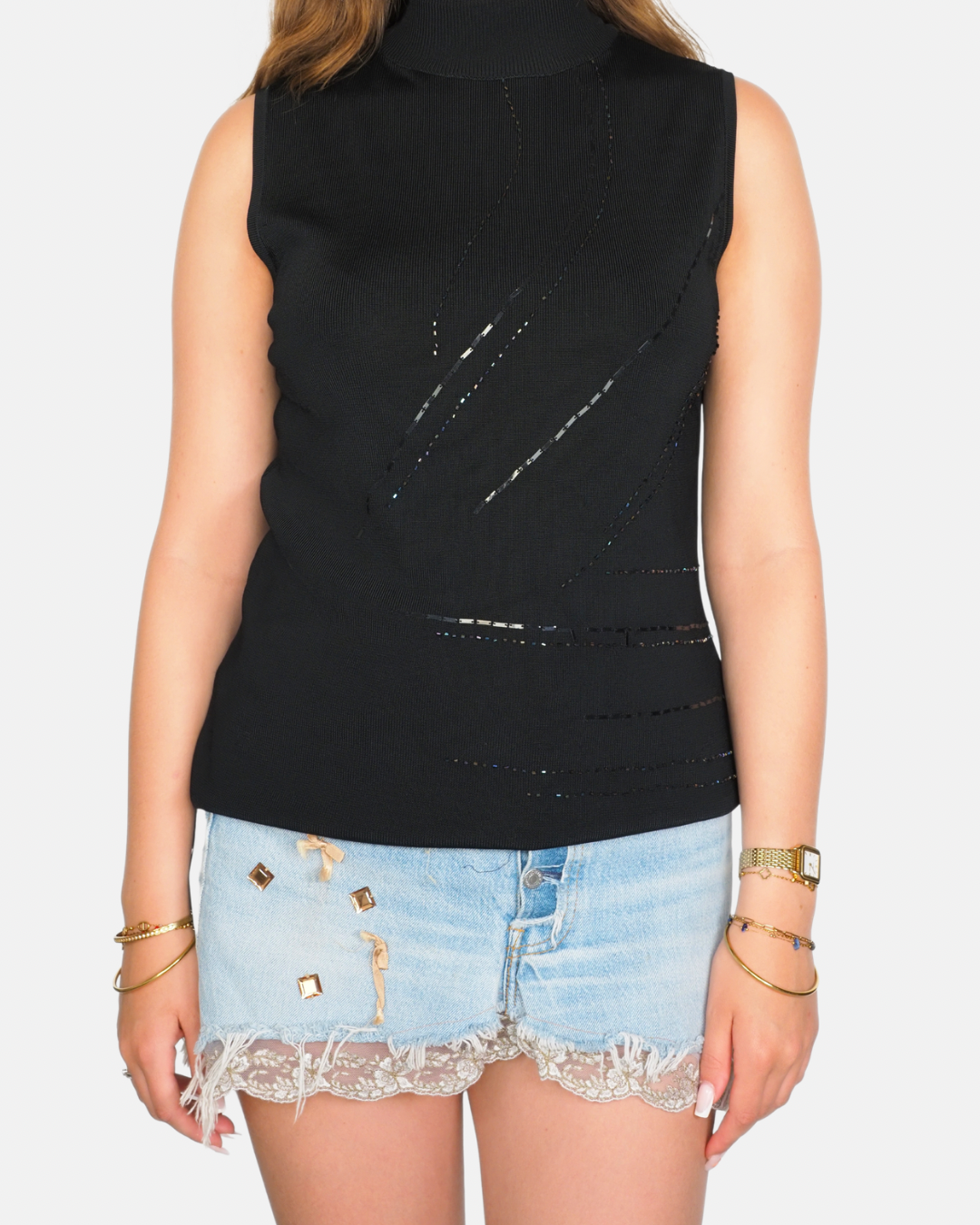 Black Sleeveless Cut-Out Knit Top by Sky Designs