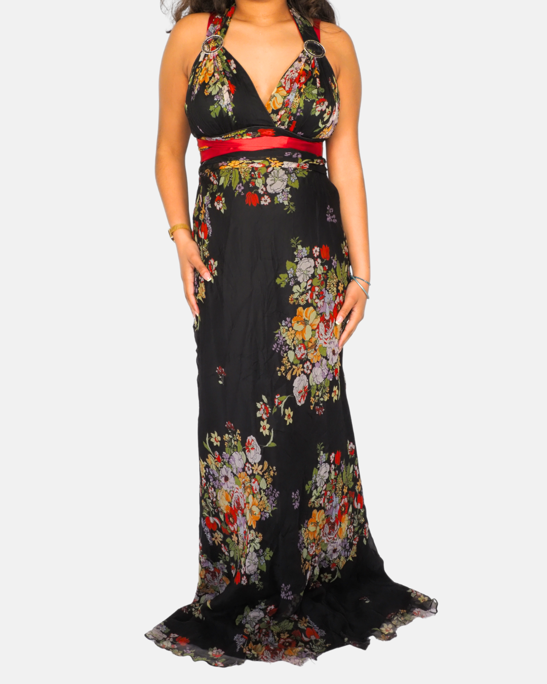 Pearce Fionda Vintage Black Floral Halter Maxi Dress