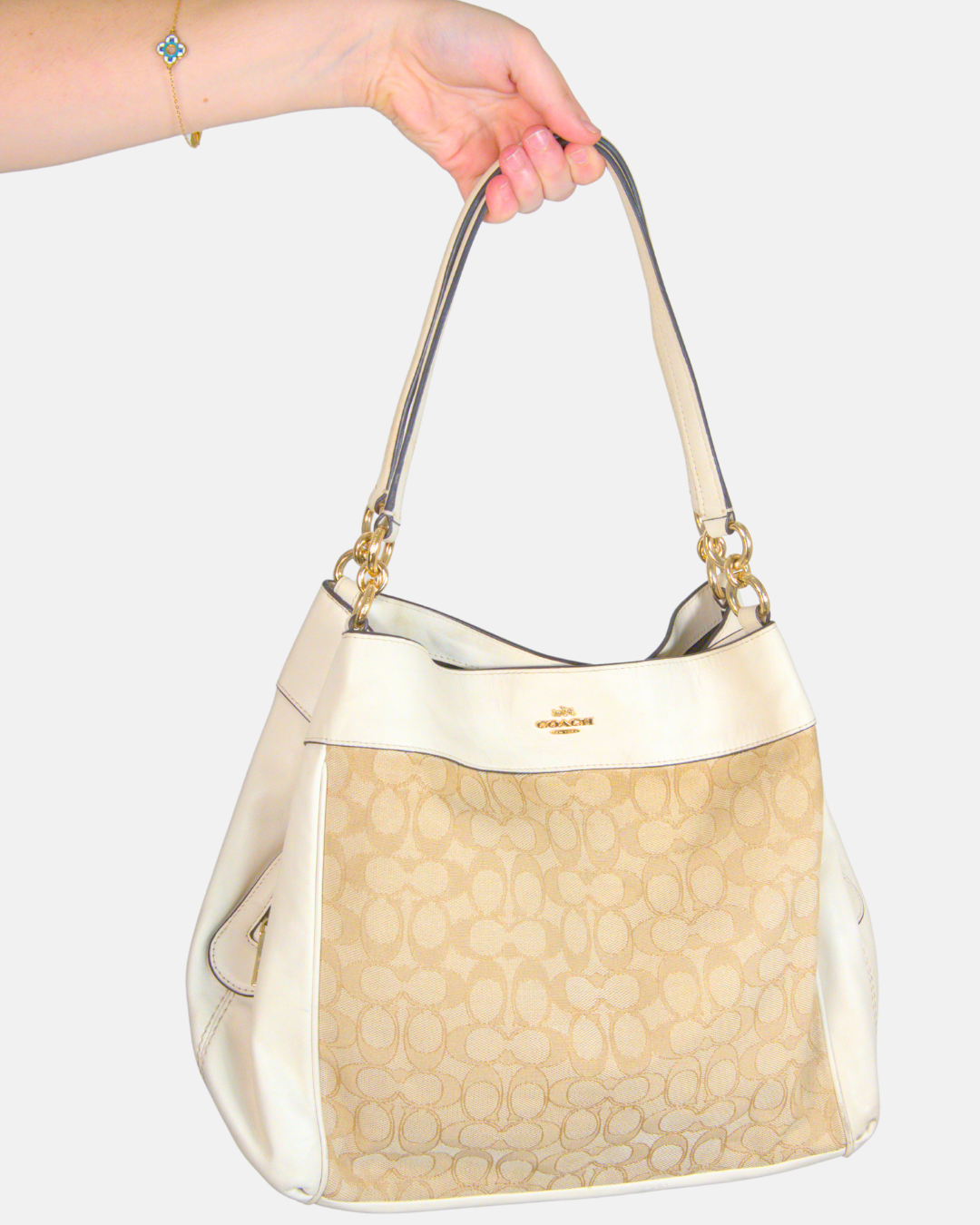 Coach Ivory Leather & Khaki Signature Canvas Convertible Satchel Crossbody Bag