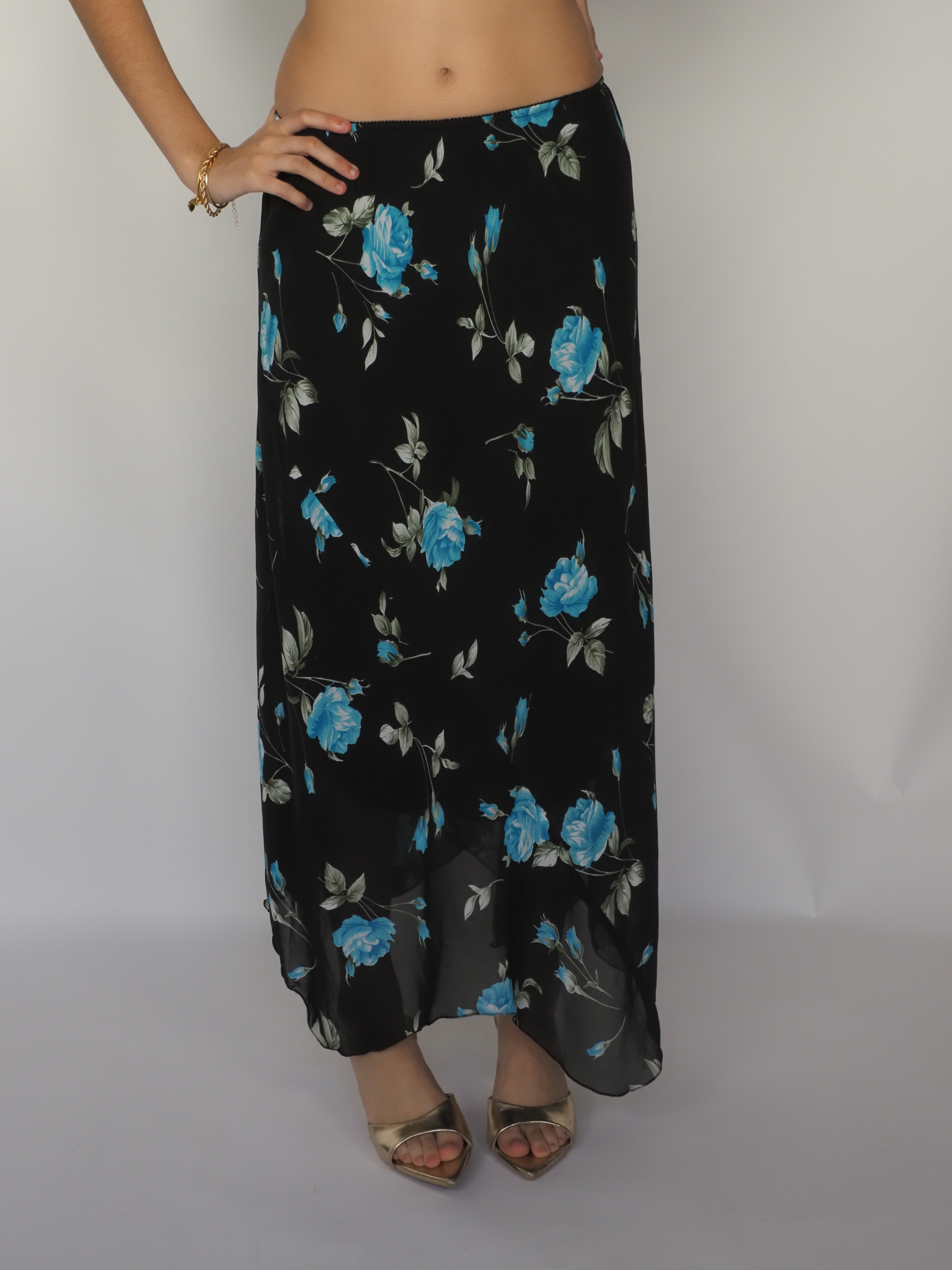 Black Chiffon Floral Maxi Skirt with Blue Roses – J. Maria