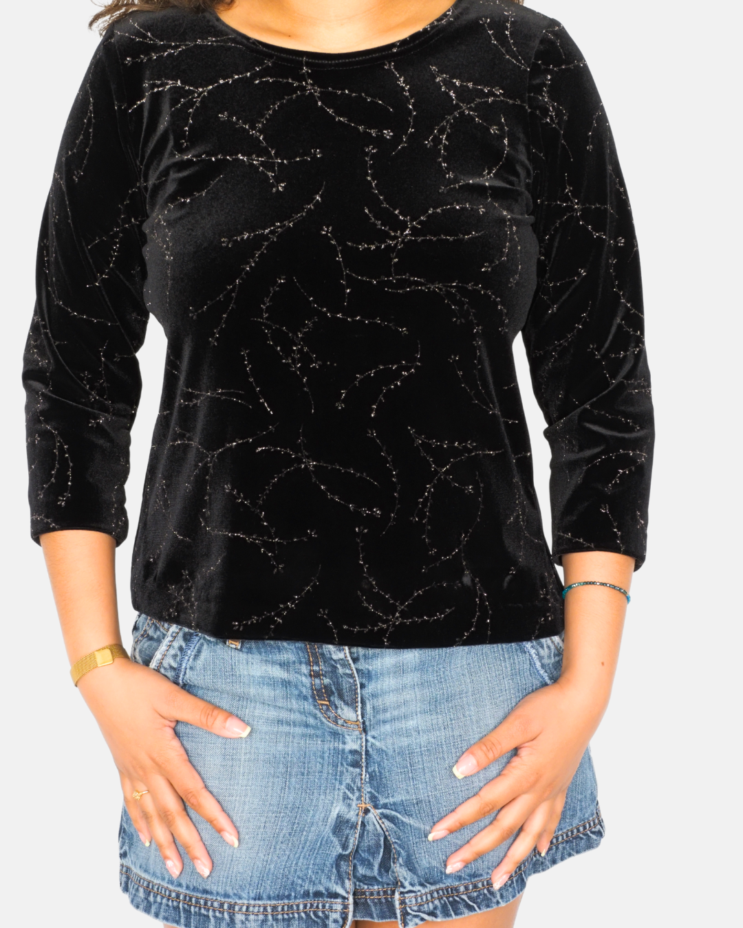 Vintage Black Velvet Glitter Y2K Long Sleeve Top