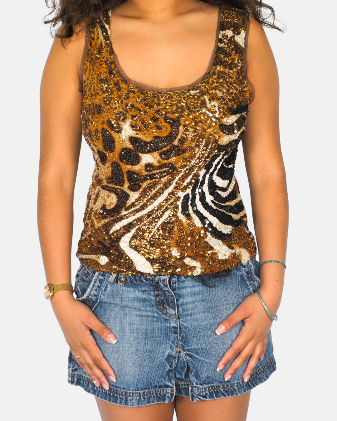 Y2K Sequin Animal Print Tank Top – Gold & Brown