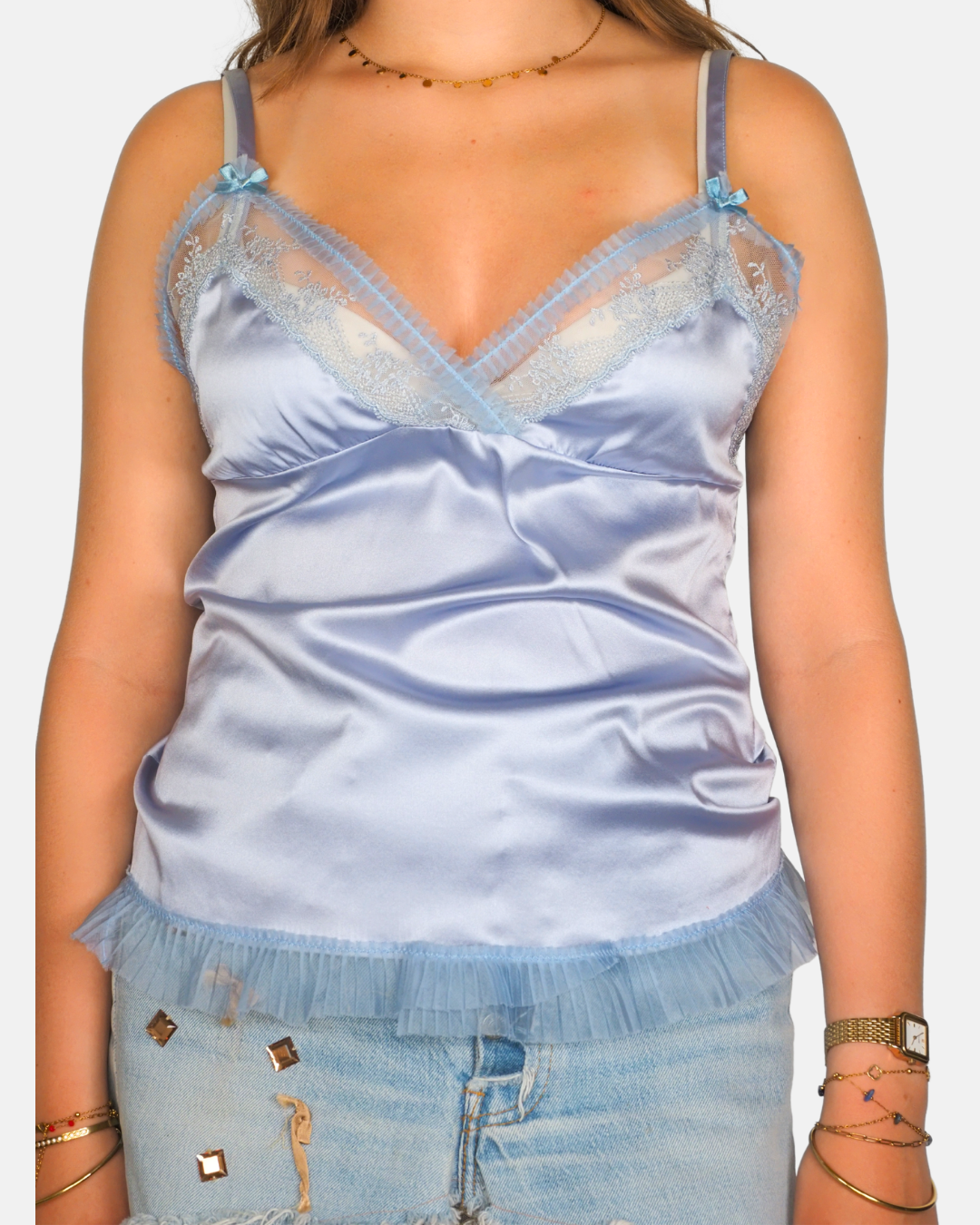 Baby Blue Satin Lace Cami Top by Pinko