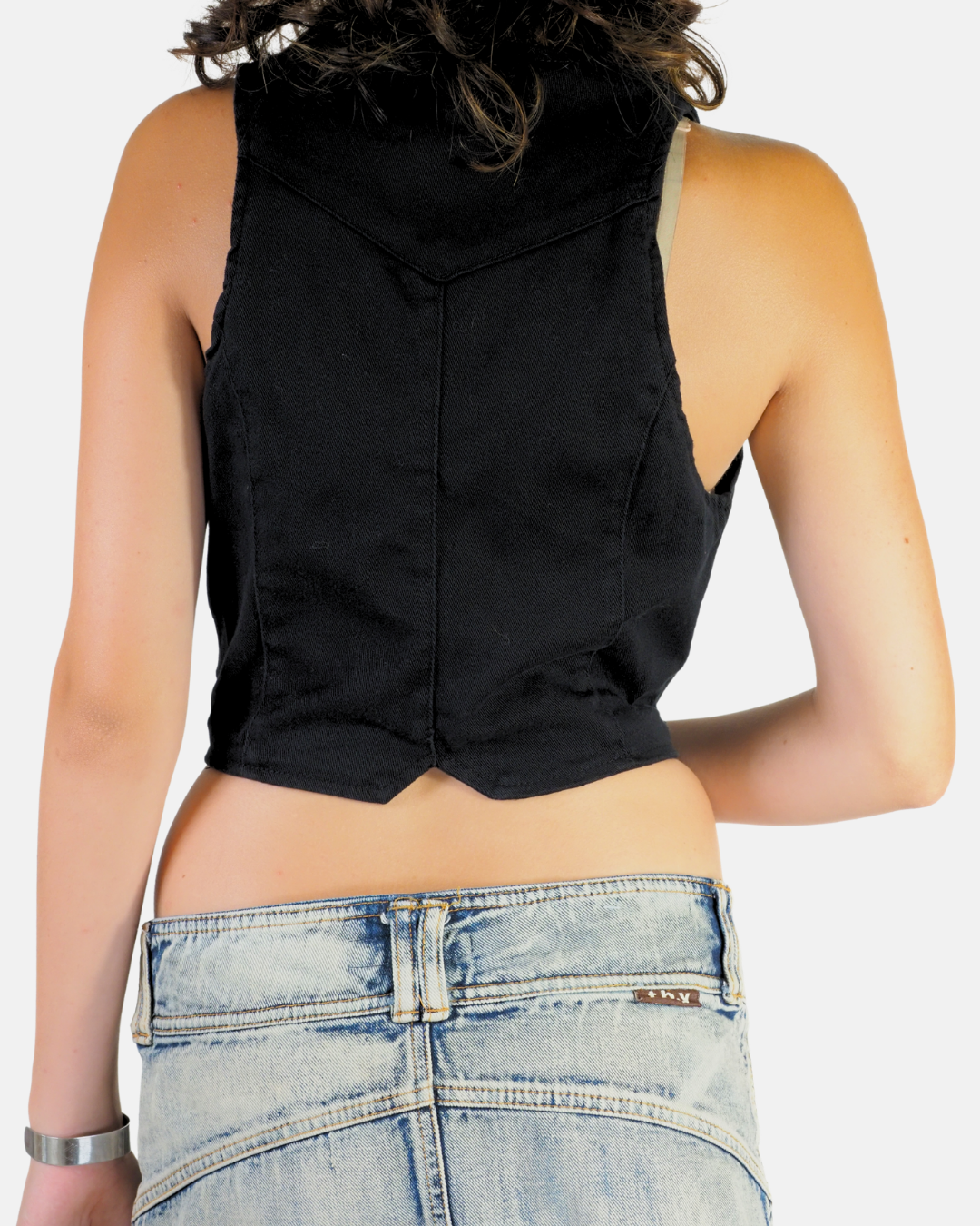 Black Button Up Cropped Waistcoat Top - Terranova
