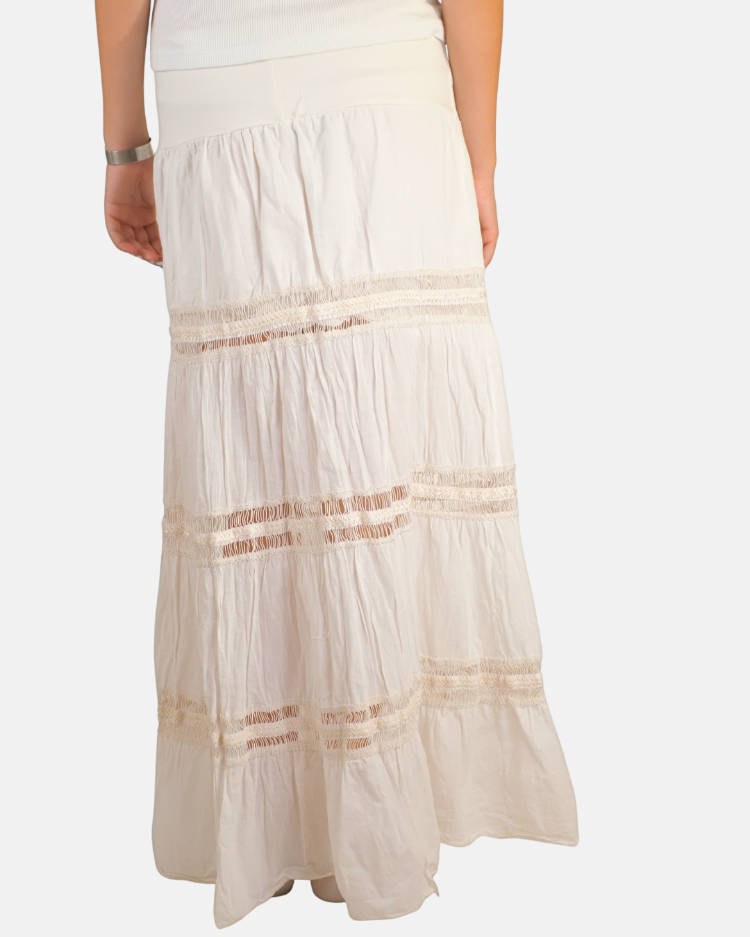White Tiered Lace Trim Maxi Skirt